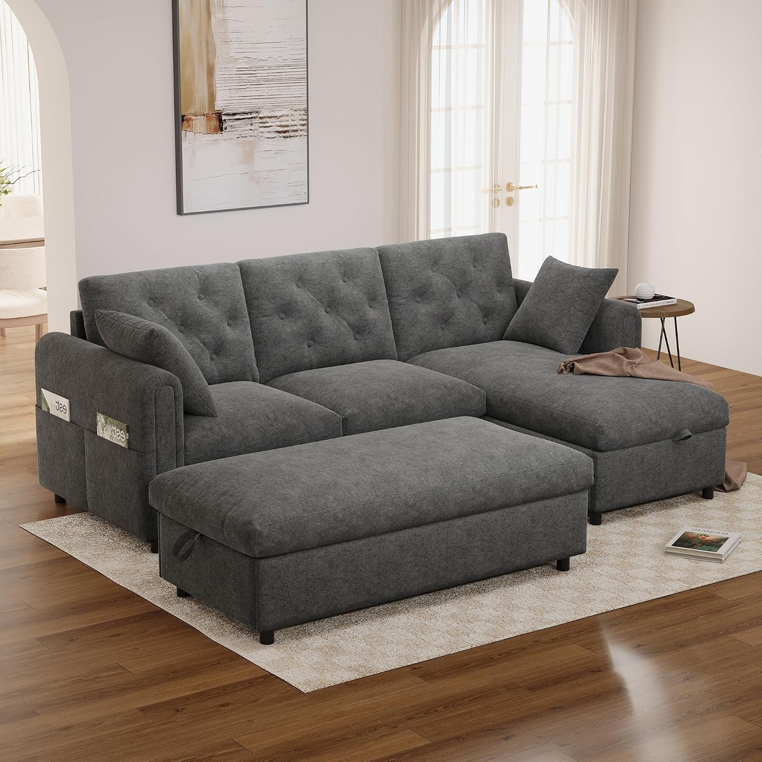 Merax Samtsofa mit Chaise Longue und Fußhocker, Ecksofa mit Stauraum, Wohnlandschaft mit wechselbarer Chaiselongue (Links/rechts), Sofa mit Magazintaschen, Grau, 219 × 131 × 86 cm