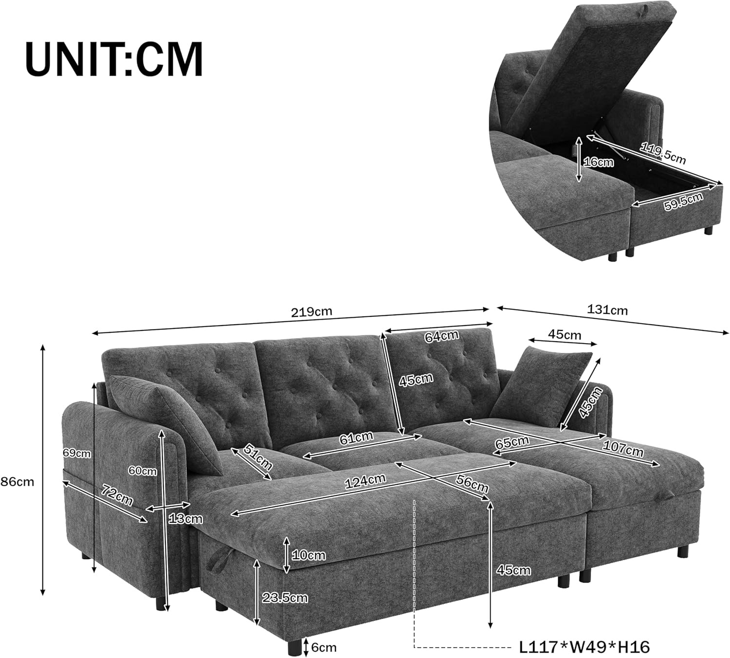 Merax Samtsofa mit Chaise Longue und Fußhocker, Ecksofa mit Stauraum, Wohnlandschaft mit wechselbarer Chaiselongue (Links/rechts), Sofa mit Magazintaschen, Grau, 219 × 131 × 86 cm — Ansicht 2