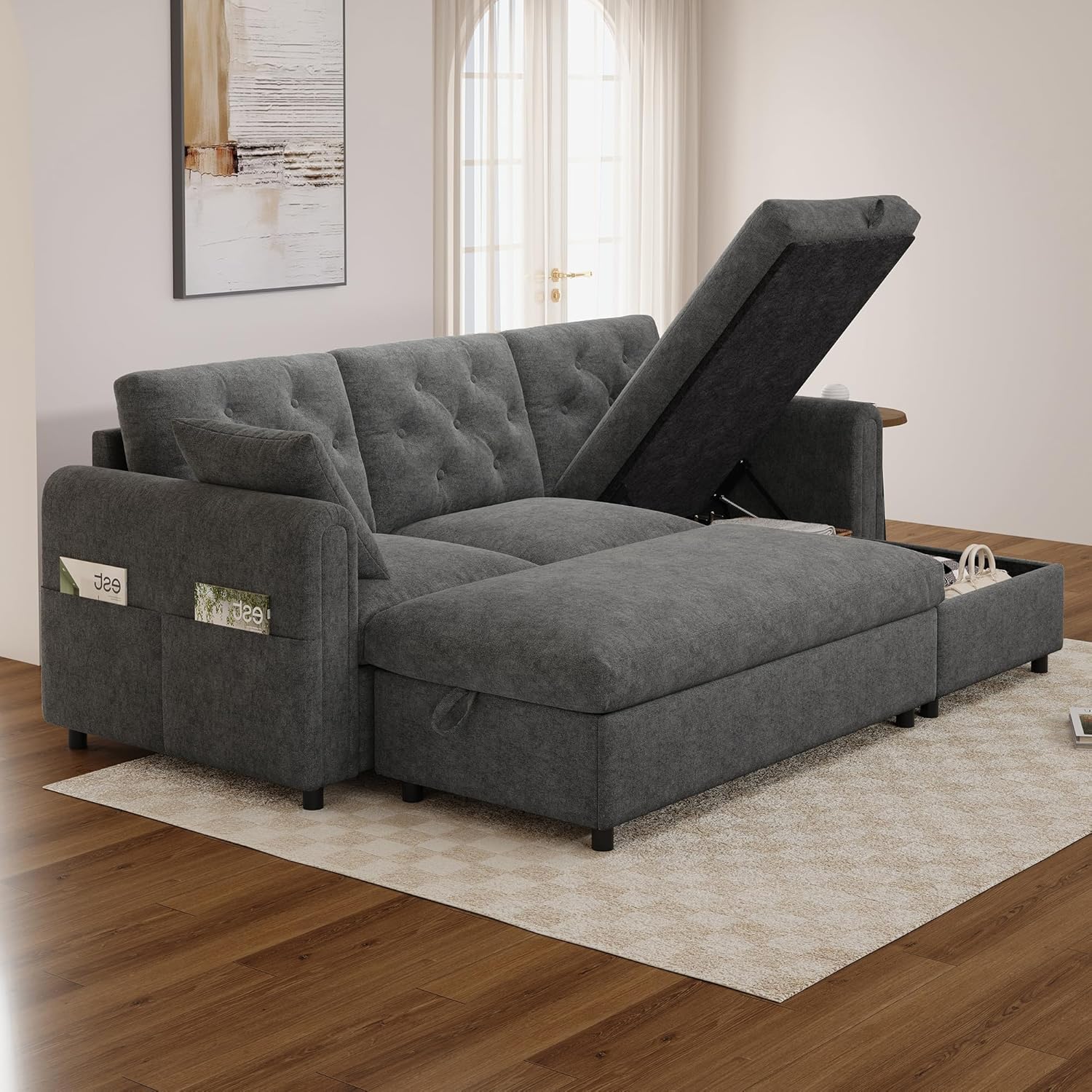 Merax Samtsofa mit Chaise Longue und Fußhocker, Ecksofa mit Stauraum, Wohnlandschaft mit wechselbarer Chaiselongue (Links/rechts), Sofa mit Magazintaschen, Grau, 219 × 131 × 86 cm — Ansicht 3