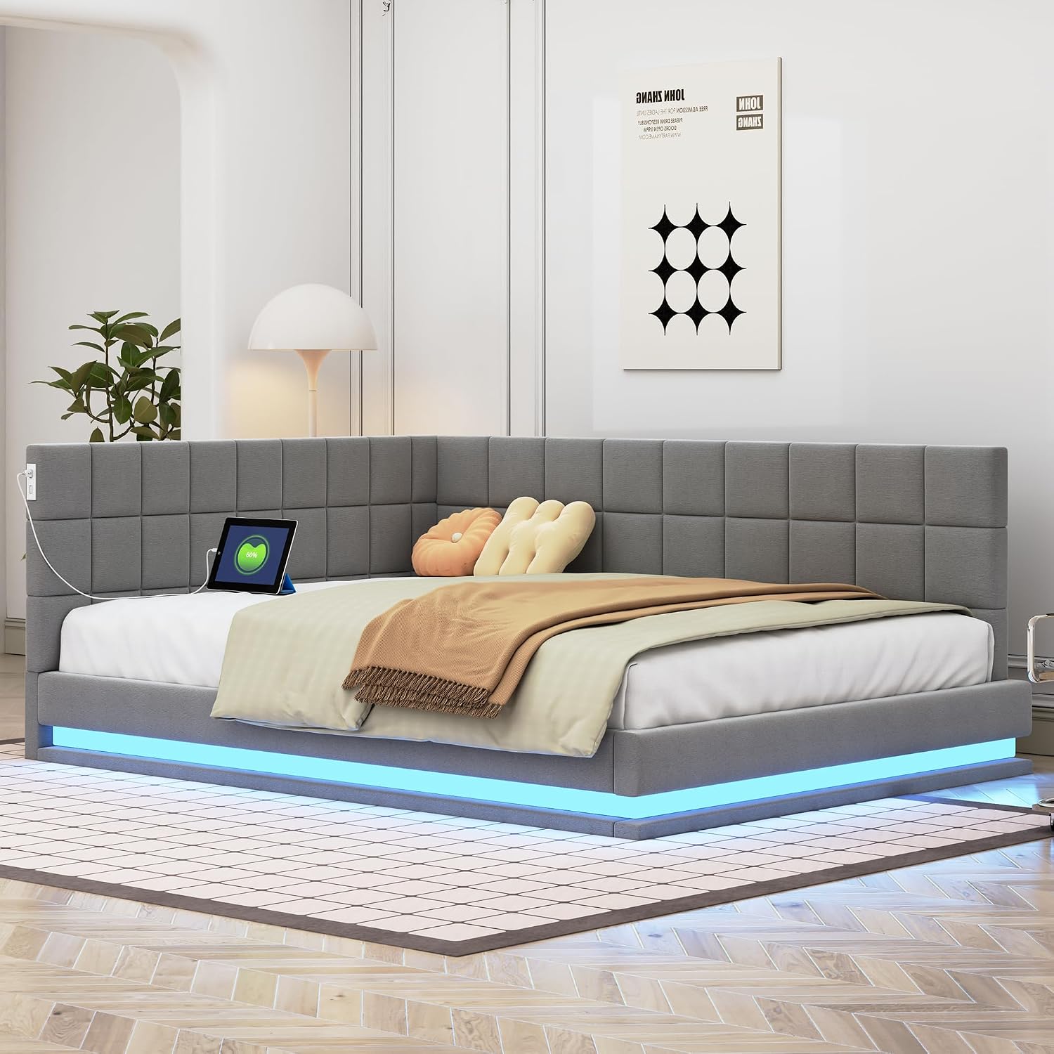 Merax Schlafcouch 140 x 200 cm, Schlaffunktion Schlafsofa mit LED Lichtleiste, USB Steckdose, Polsterbett 2 Sitzer mit Lattenrost, Samtstoff, Gris (Ohne Matratze)