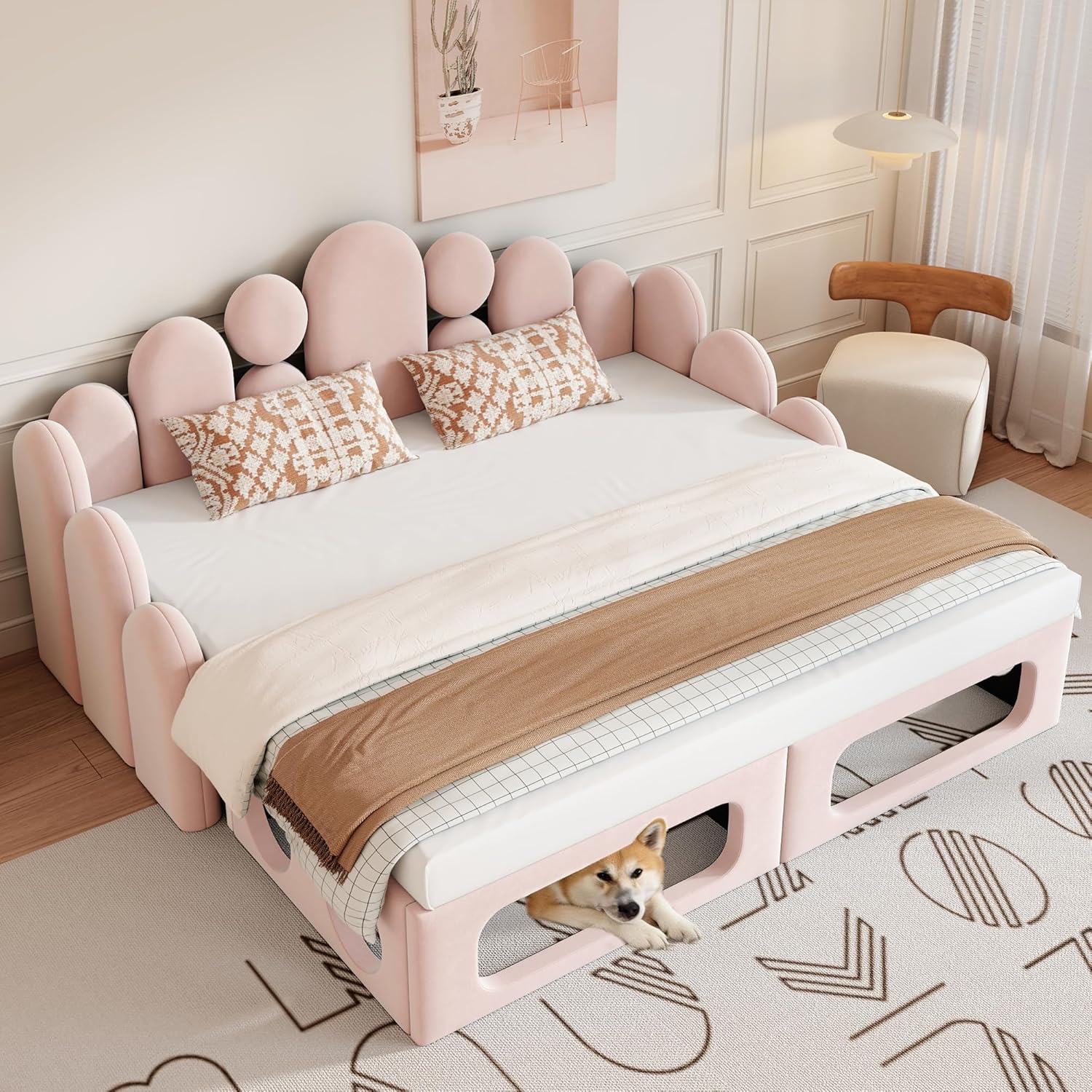 Merax Schlafsofa 180x200 cm mit Bettfunktion, Polsterbett 2-in-1 mit Lattenrost und Rückenlehne, Samt Polstersofa, Ausziehbares Bett, Multifunktionales Sofa Bett für Wohnzimmer Schlafzimmer, Rosa — Ansicht 4