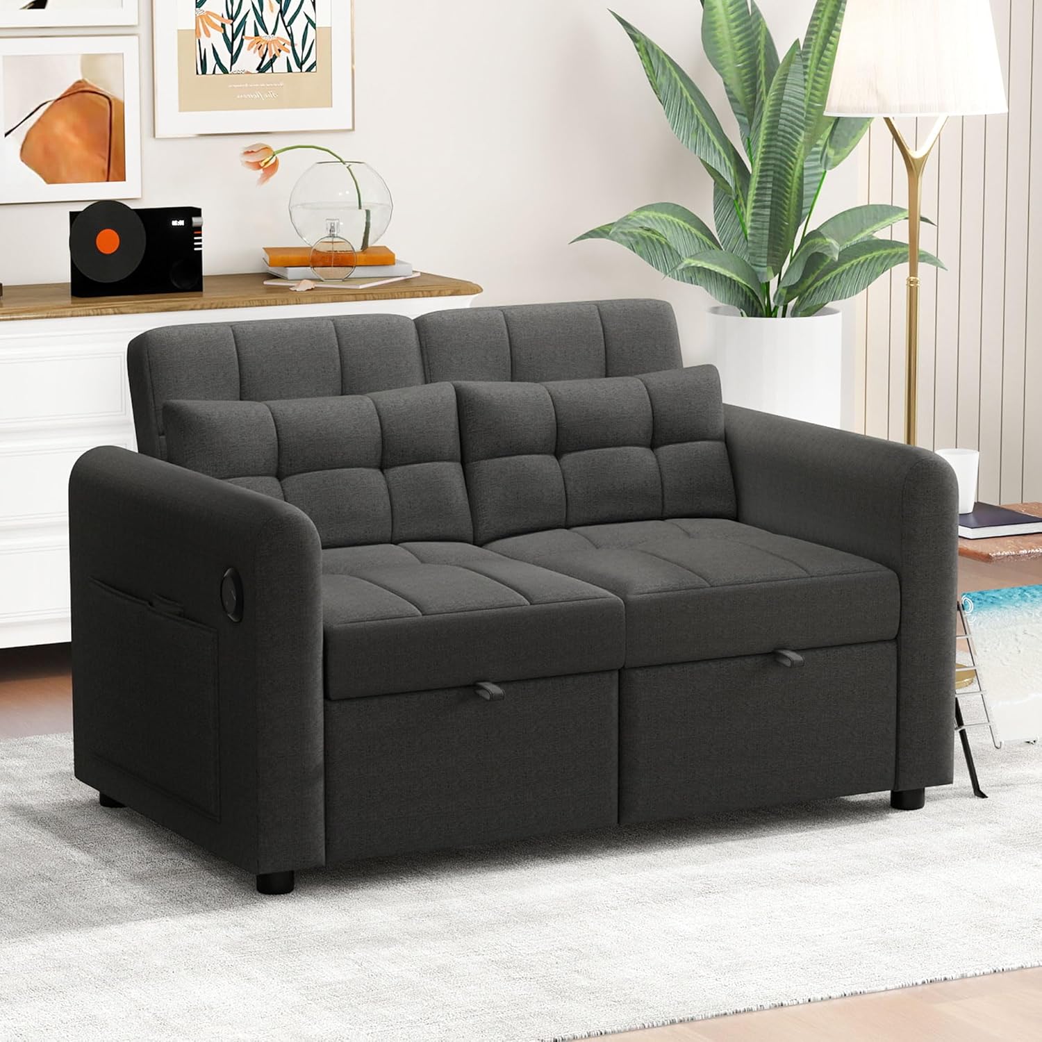 Merax Schlafsofa 2-Sitzer Sofa mit Schlaffunktion, Klappbares 3-in-1 Schlafcouch mit Verstellbarer Rückenlehne, USB-Anschlüssen und Armlehnentaschen, Grau 142 x 85 x 83 cm — Ansicht 3