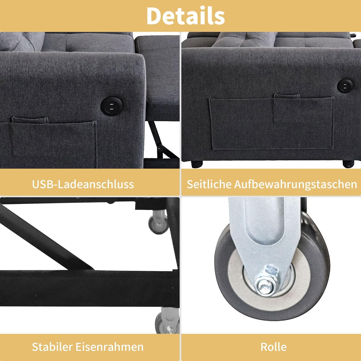 Merax Schlafsofa 2-Sitzer Sofa mit Schlaffunktion, Klappbares 3-in-1 Schlafcouch mit Verstellbarer Rückenlehne, USB-Anschlüssen und Armlehnentaschen, Grau 142 x 85 x 83 cm — Ansicht 6