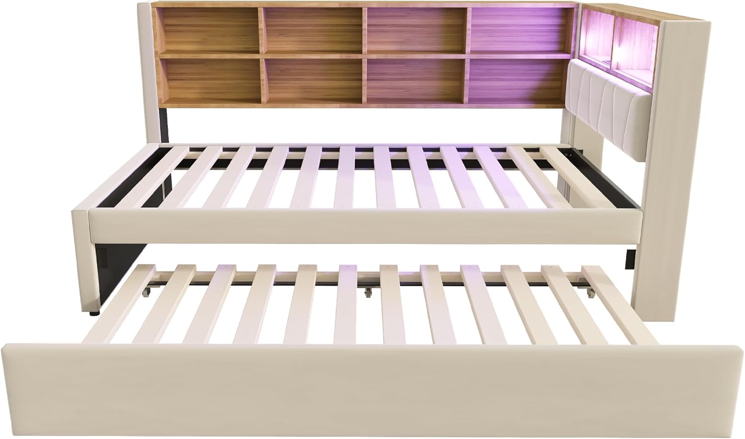 Merax Schlafsofa 90 x 200 cm, mit Ausziehbett 90 x 190 cm, Schlafcouch Ausziehbar mit LED Leuchten und Ablagefächern, Flanell, Beige (Ohne Matratze) — Ansicht 6