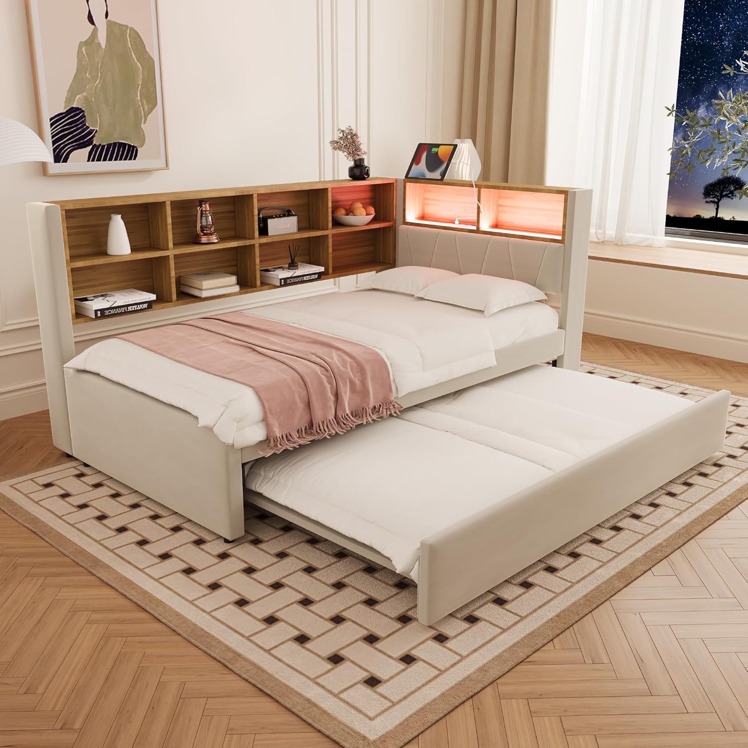 Merax Schlafsofa 90 x 200 cm, mit Ausziehbett 90 x 190 cm, Schlafcouch Ausziehbar mit LED Leuchten und Ablagefächern, Flanell, Beige (Ohne Matratze)