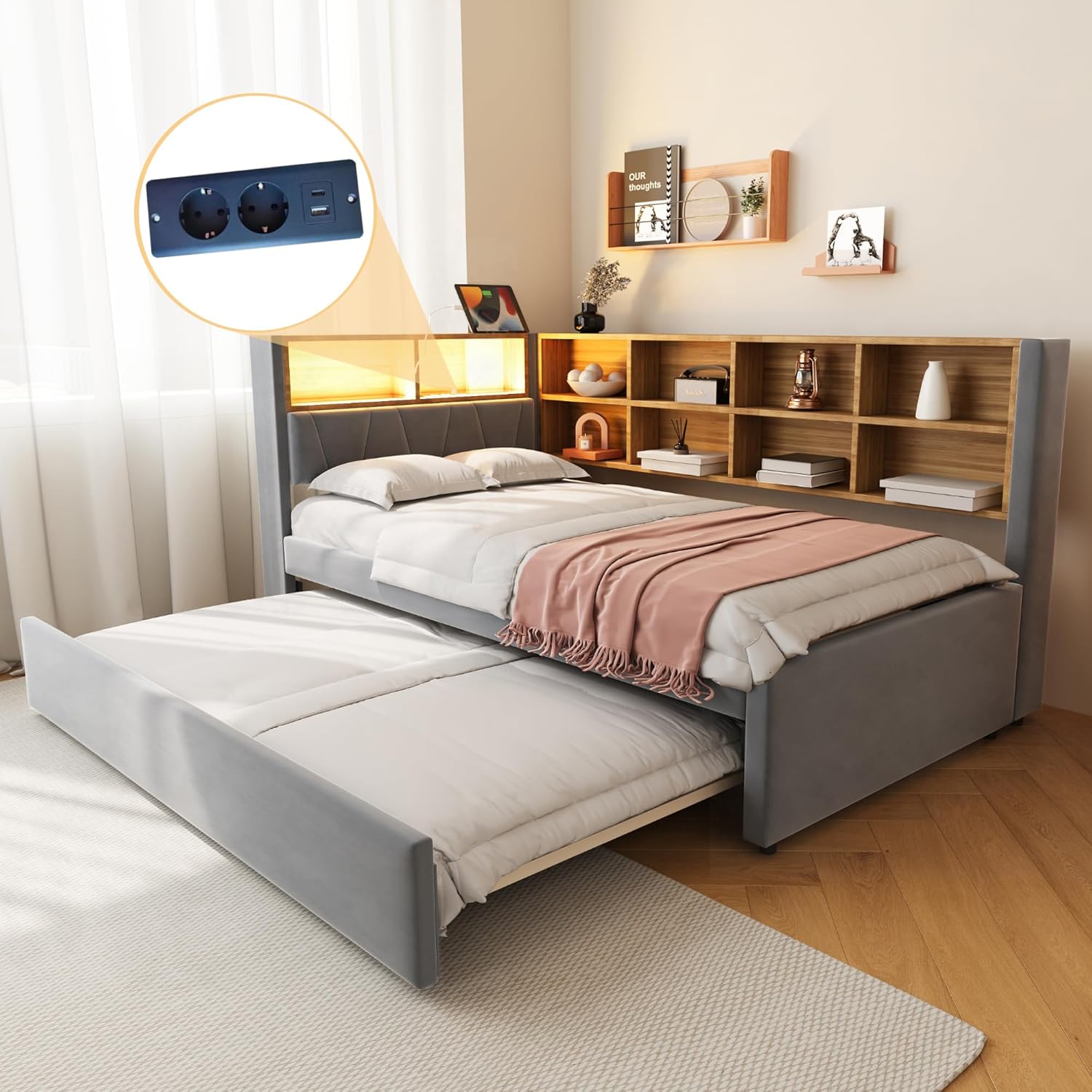 Merax Schlafsofa 90x200 cm, mit Ausziehbett 90x190 cm, LED-Leuchten, Steckdosen & USB/Type-C-Anschlüssen, Polsterbett mit viel Stauraum & Ablagefächern, Flanellbezug, Dunkelgrau (ohne Matratze)