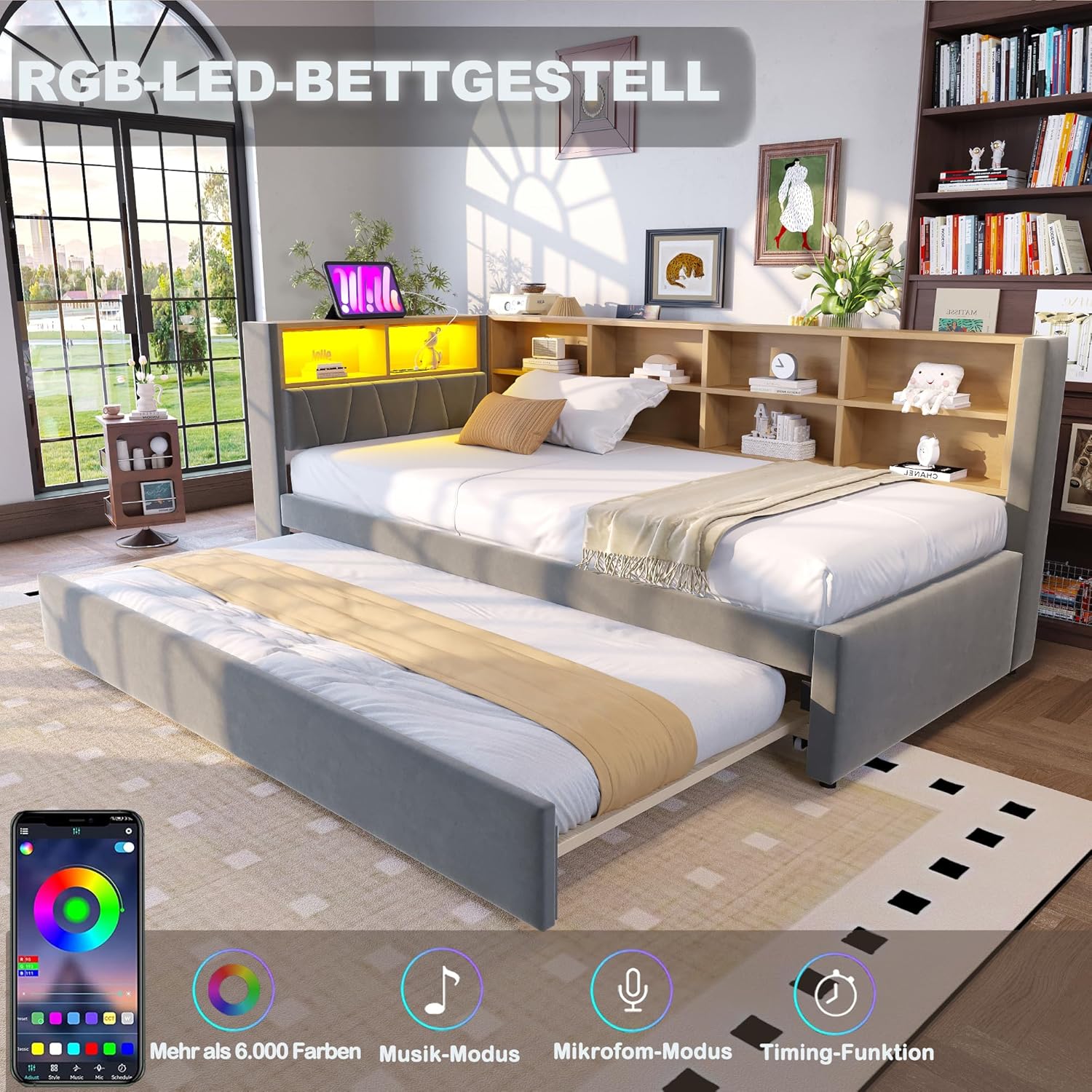 Merax Schlafsofa 90x200 cm, mit Ausziehbett 90x190 cm, LED-Leuchten, Steckdosen & USB/Type-C-Anschlüssen, Polsterbett mit viel Stauraum & Ablagefächern, Flanellbezug, Dunkelgrau (ohne Matratze) — Ansicht 3