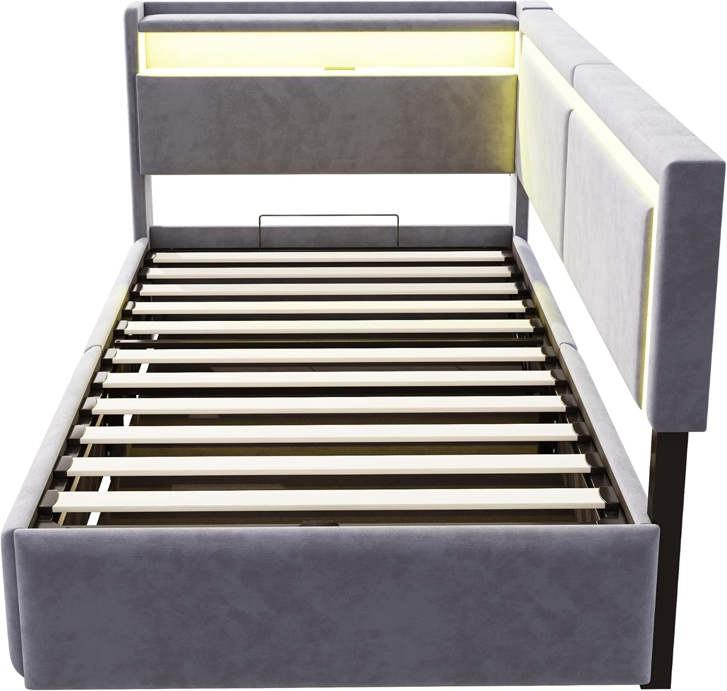 Merax Schlafsofa 90x200 cm, mit LED-Beleuchtung und USB, Kopfteil mit Stauraum und klappbarer Funktion, Hydraulischer Bettkasten, Lattenrost, Samtstoff, Hellgrau (ohne Matratze) — Ansicht 4