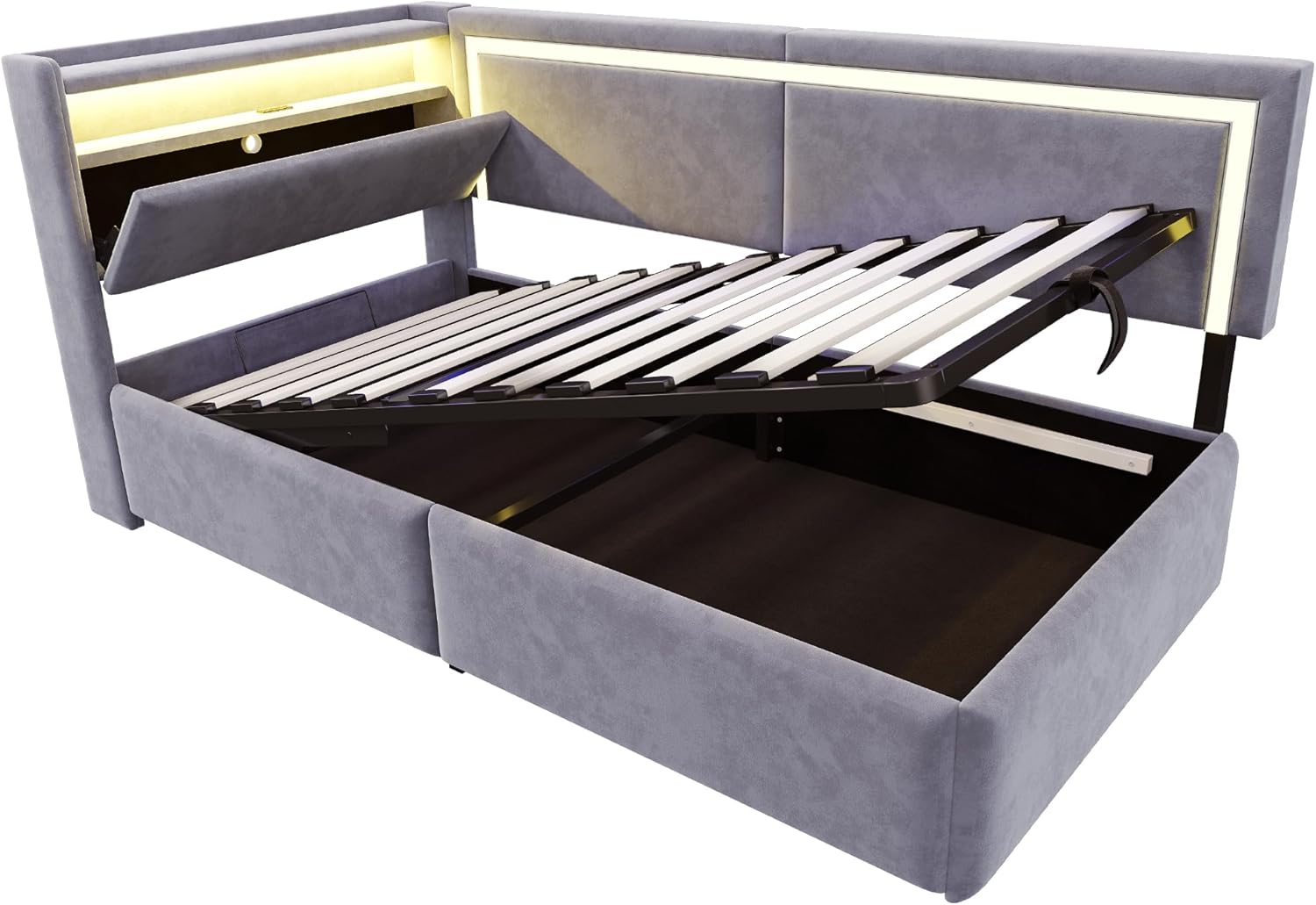 Merax Schlafsofa 90x200 cm, mit LED-Beleuchtung und USB, Kopfteil mit Stauraum und klappbarer Funktion, Hydraulischer Bettkasten, Lattenrost, Samtstoff, Hellgrau (ohne Matratze) — Ansicht 6