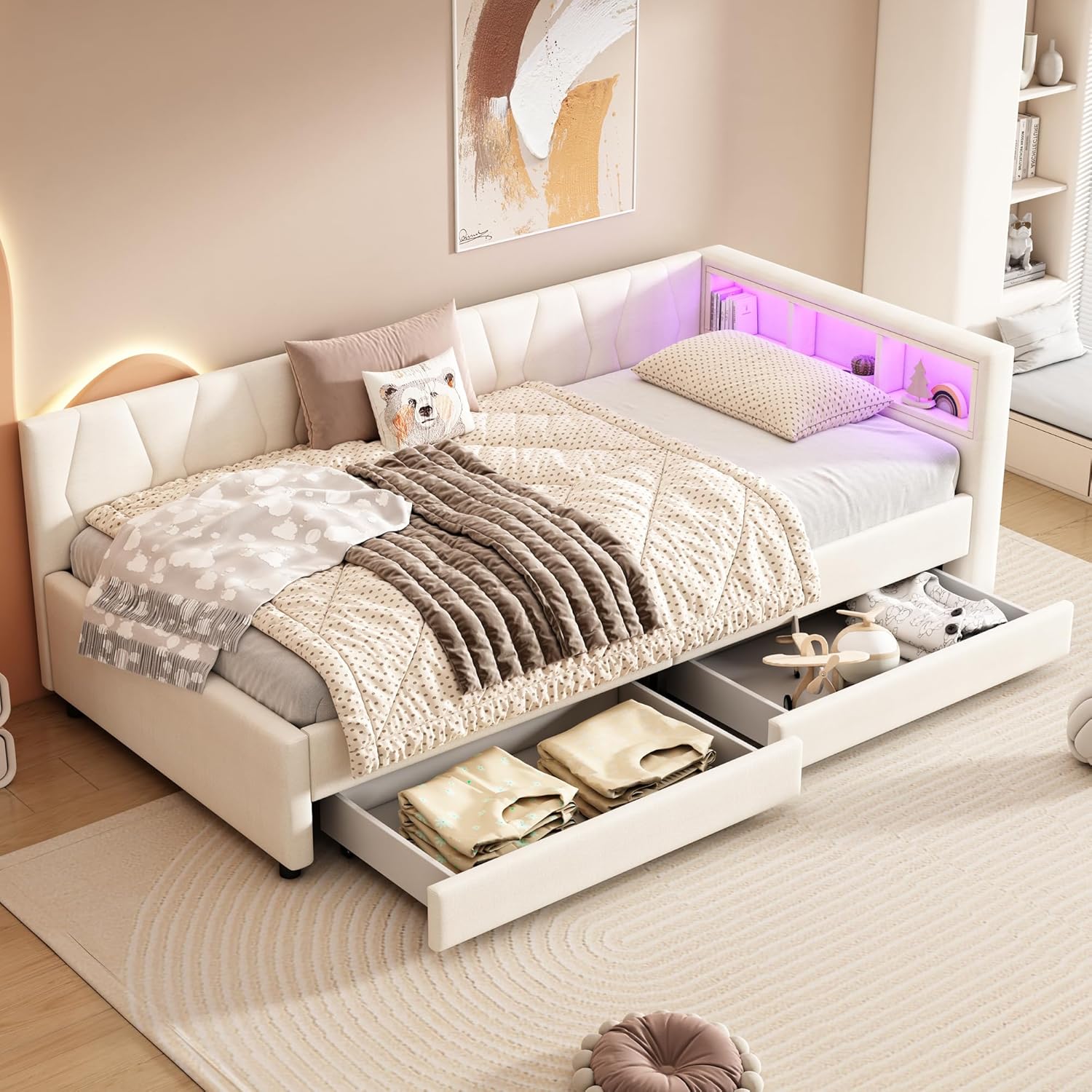 Merax Schlafsofa Tagesbett 90x200 cm mit Zwei Schubladen, LED-Lichtstreifen, USB+Type-C, Ablagefach am Bett, Bettrahmen mit Lattenrost (ohne Matratze), Leinen, Beige — Ansicht 3