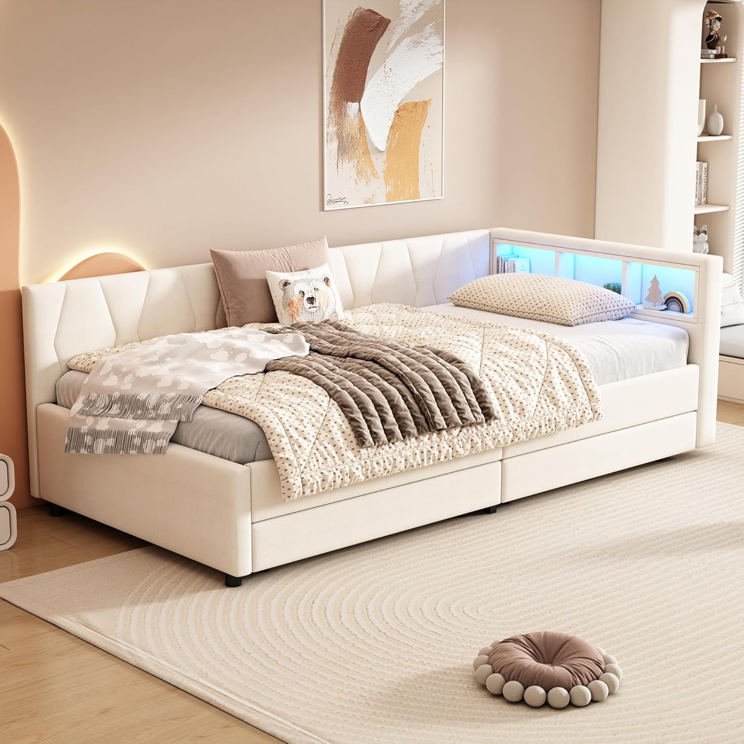 Merax Schlafsofa Tagesbett 90x200 cm mit Zwei Schubladen, LED-Lichtstreifen, USB+Type-C, Ablagefach am Bett, Bettrahmen mit Lattenrost (ohne Matratze), Leinen, Beige