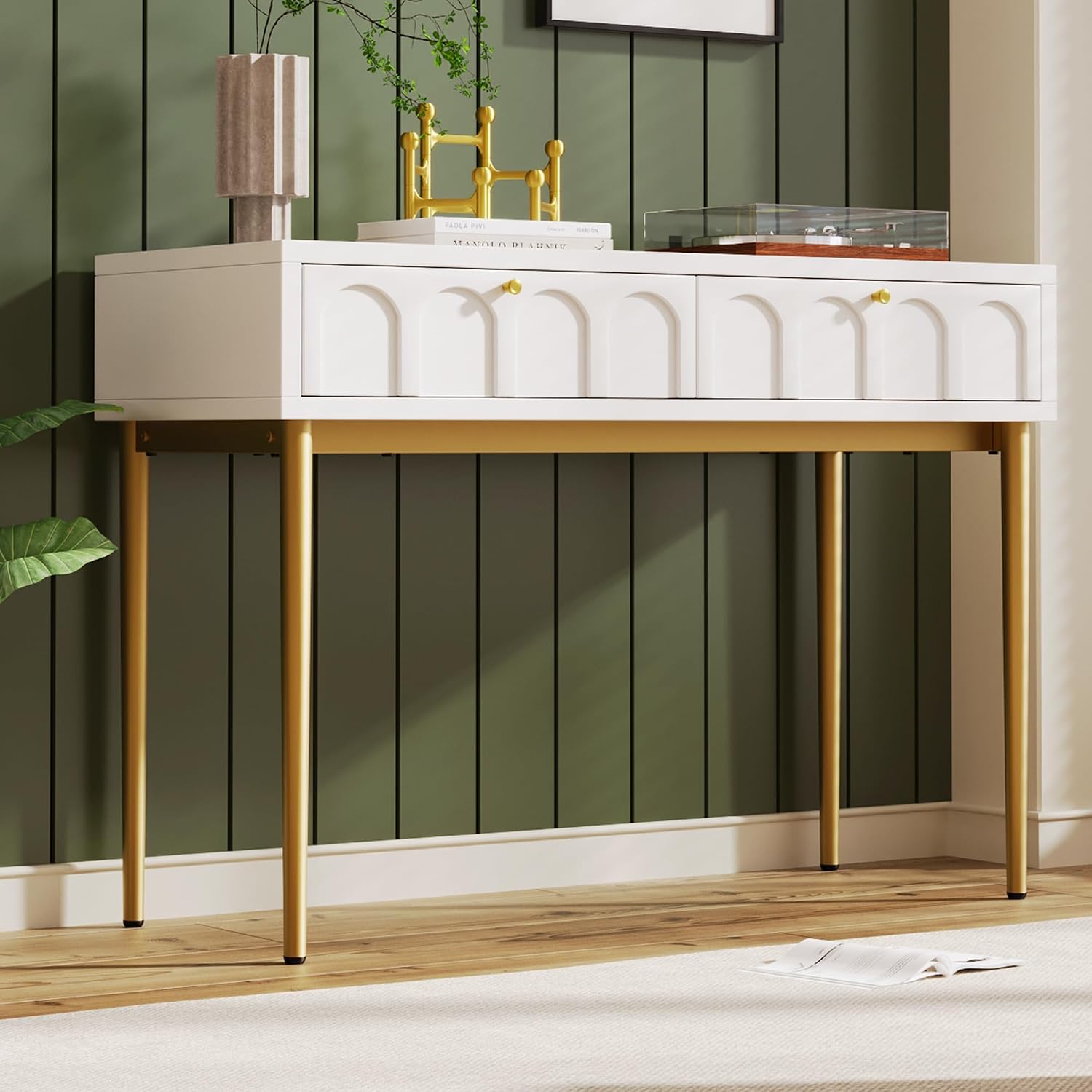 Merax Schminktisch mit 2 Schubladen, weiß Frisiertisch Kommode, Schlafzimmer Kosmetiktisch mit Stauraum, Moderne Home-Office-Schreibtisch, goldene Metallbeine, für kleine Räume Make-up, 100x45x76,5cm — Ansicht 2