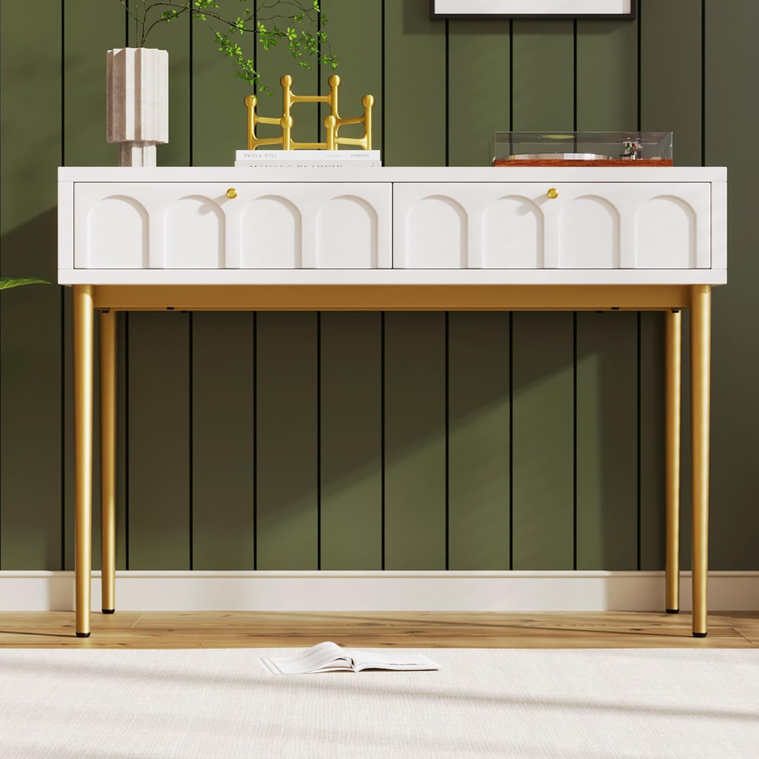 Merax Schminktisch mit 2 Schubladen, weiß Frisiertisch Kommode, Schlafzimmer Kosmetiktisch mit Stauraum, Moderne Home-Office-Schreibtisch, goldene Metallbeine, für kleine Räume Make-up, 100x45x76,5cm