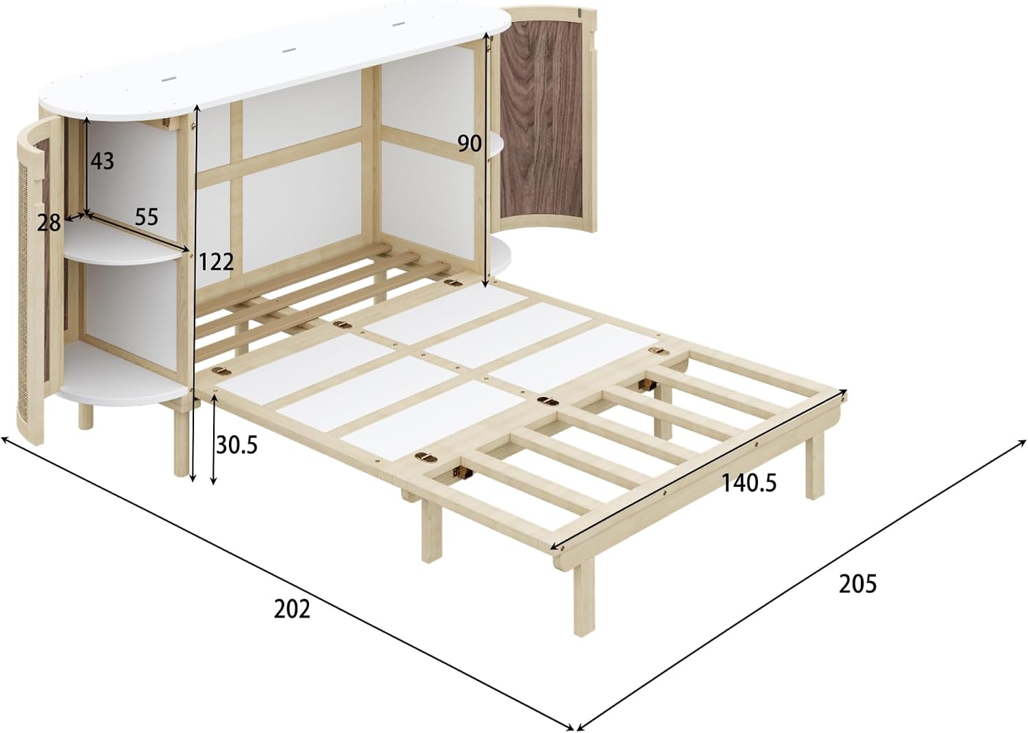 Merax Schrankbett 140x200 cm, Wandklappbett mit Lattenrost, Wandbett mit Staufächern und Rattan-Front, platzsparendes Klappbett, Holzbettrahmen, Jugendbett, Holzfarbe (ohne Matratze) — Ansicht 2