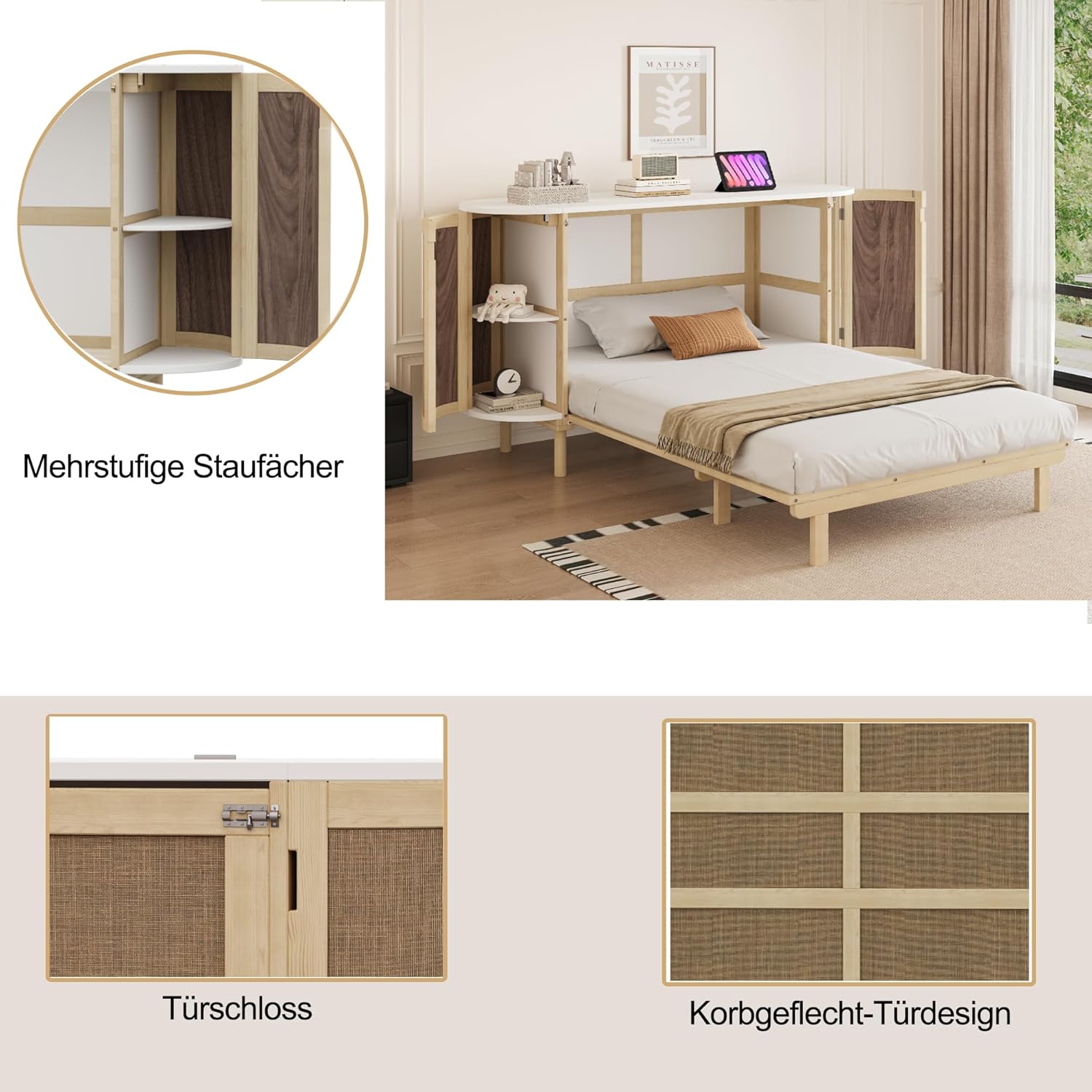 Merax Schrankbett 140x200 cm, Wandklappbett mit Lattenrost, Wandbett mit Staufächern und Rattan-Front, platzsparendes Klappbett, Holzbettrahmen, Jugendbett, Holzfarbe (ohne Matratze) — Ansicht 3