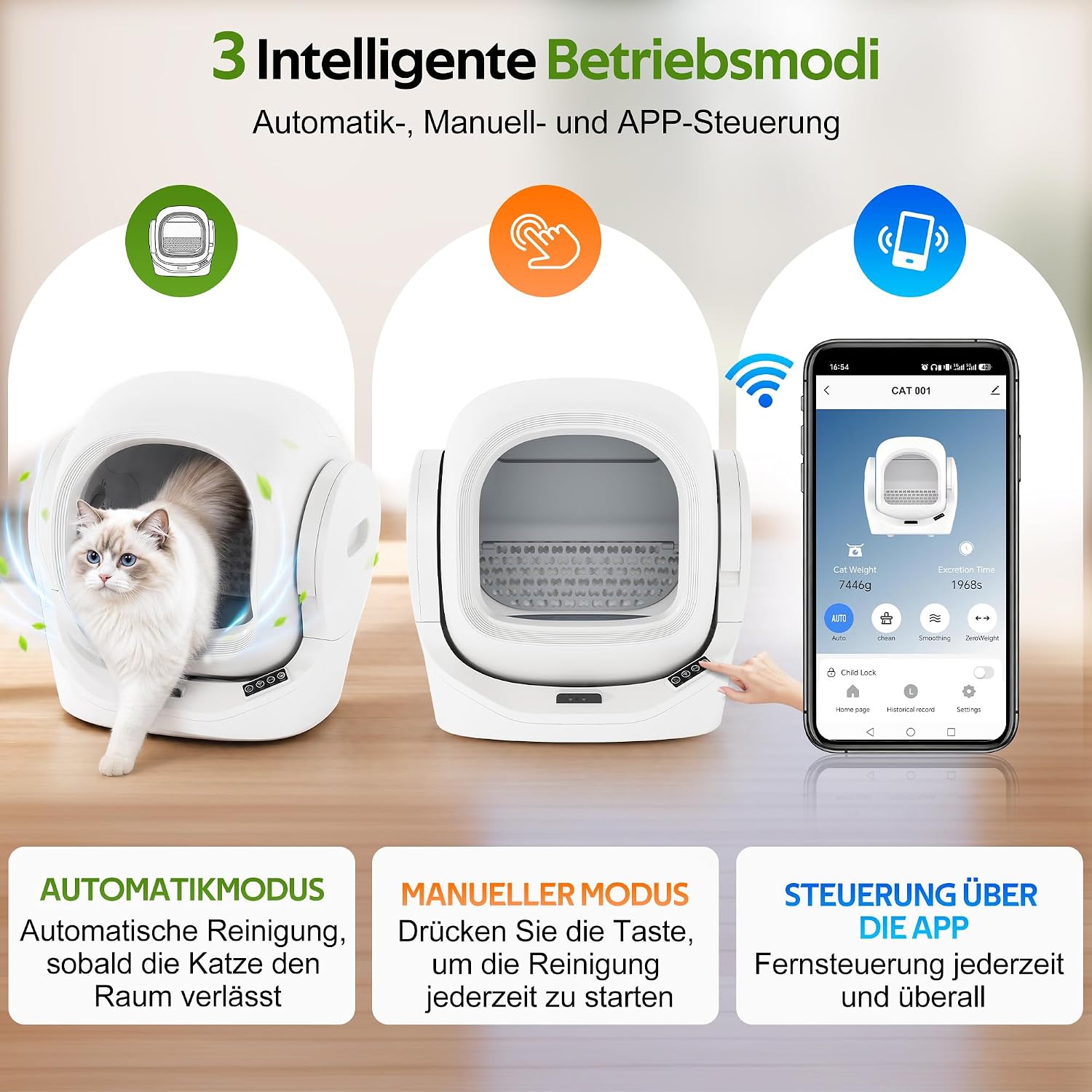 Merax Selbstreinigende Katzentoilette, Automatisches Katzenklo, APP-Steuerung/68L Max Kapazität/Infrarotsensor/Aromabox/Smart Monitor/sichere Kindersicherung/Abnehmbares Design, für mehrere Katzen — Ansicht 3