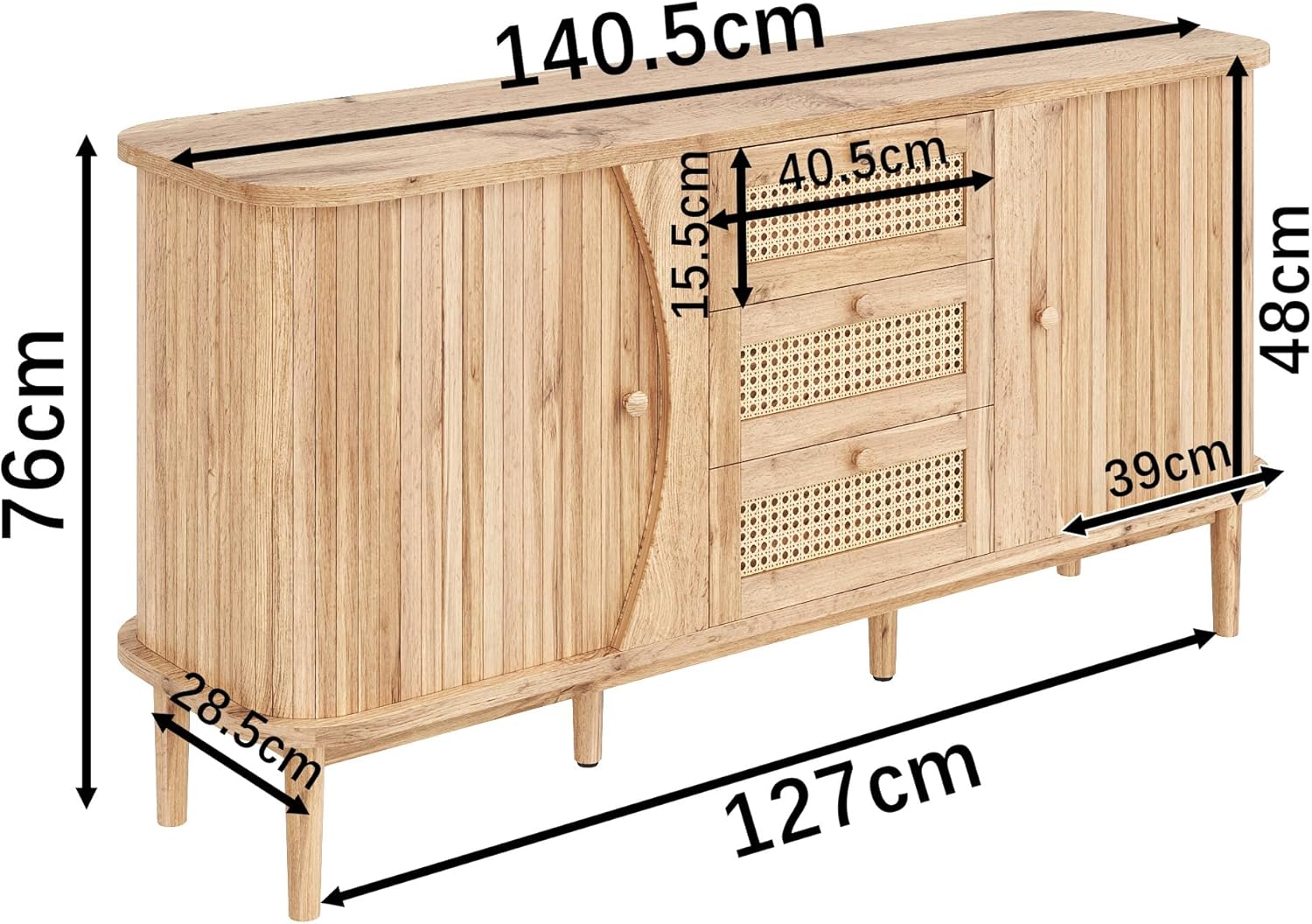 Merax Sideboard 140,5×40×76 cm, Rattankommode mit Schiebetüren, verstellbaren Einlegeböden, abgerundete Platte, stilvoller Stauraum für Wohnzimmer, Esszimmer & Flur, Holzfarbe — Ansicht 2