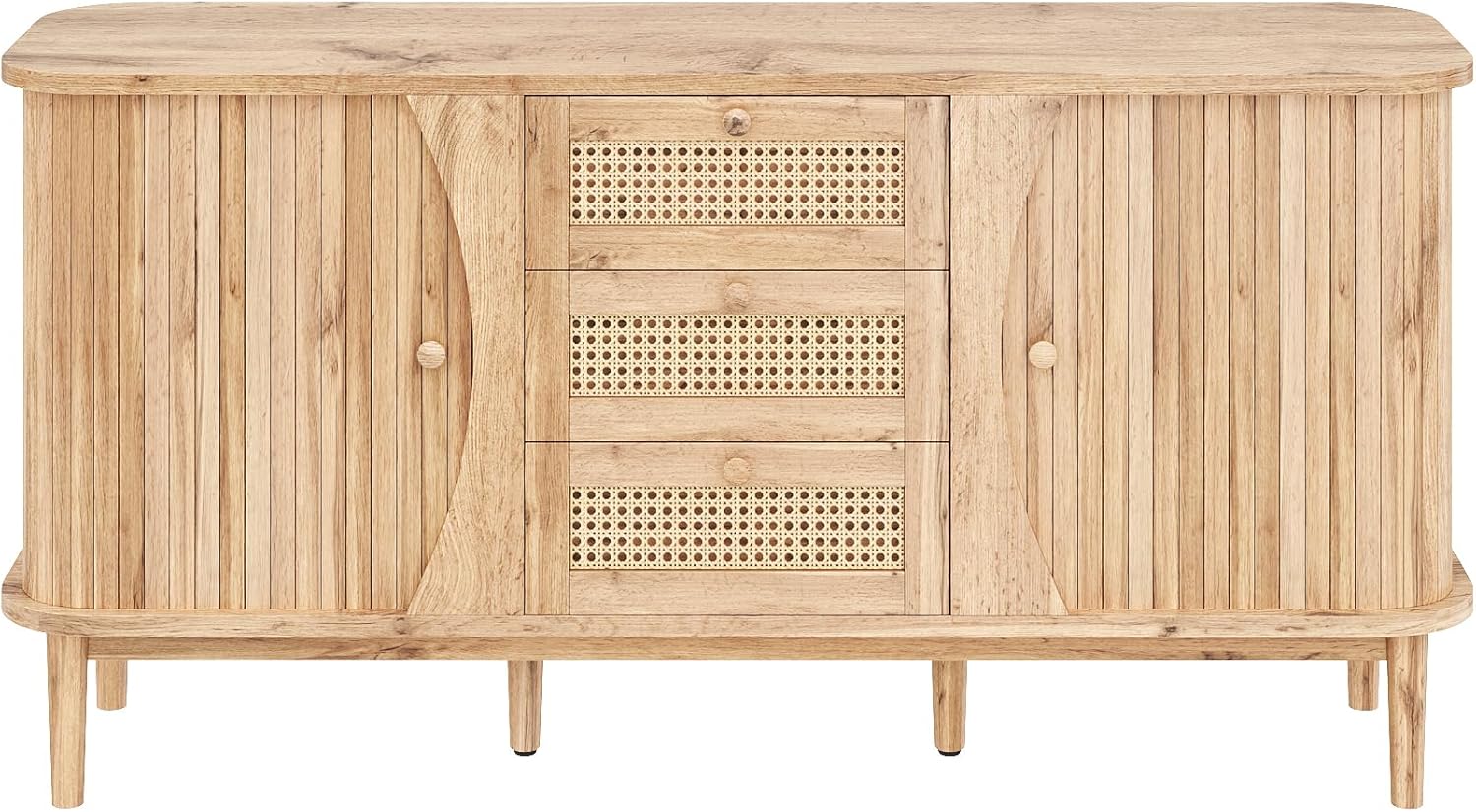 Merax Sideboard 140,5×40×76 cm, Rattankommode mit Schiebetüren, verstellbaren Einlegeböden, abgerundete Platte, stilvoller Stauraum für Wohnzimmer, Esszimmer & Flur, Holzfarbe — Ansicht 4
