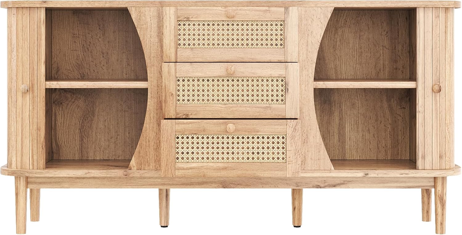 Merax Sideboard 140,5×40×76 cm, Rattankommode mit Schiebetüren, verstellbaren Einlegeböden, abgerundete Platte, stilvoller Stauraum für Wohnzimmer, Esszimmer & Flur, Holzfarbe — Ansicht 5