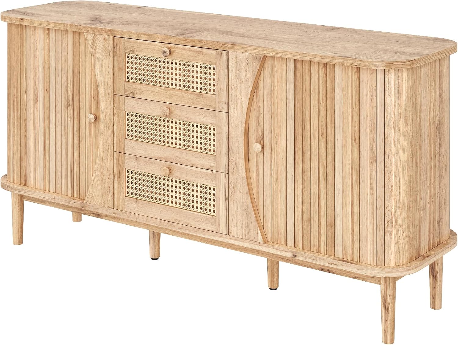 Merax Sideboard 140,5×40×76 cm, Rattankommode mit Schiebetüren, verstellbaren Einlegeböden, abgerundete Platte, stilvoller Stauraum für Wohnzimmer, Esszimmer & Flur, Holzfarbe — Ansicht 6