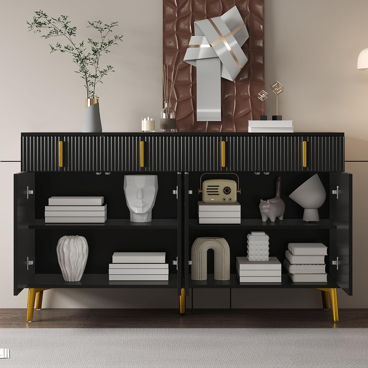 Merax Sideboard 160x38x82 cm, 4 Türen, 4 Schubladen, goldene Griffe & Beine, verstellbare Einlegeböden, herausnehmbares Laminat, Elegantes Wohnzimmer- & Esszimmermöbel, Schwarz — Ansicht 2