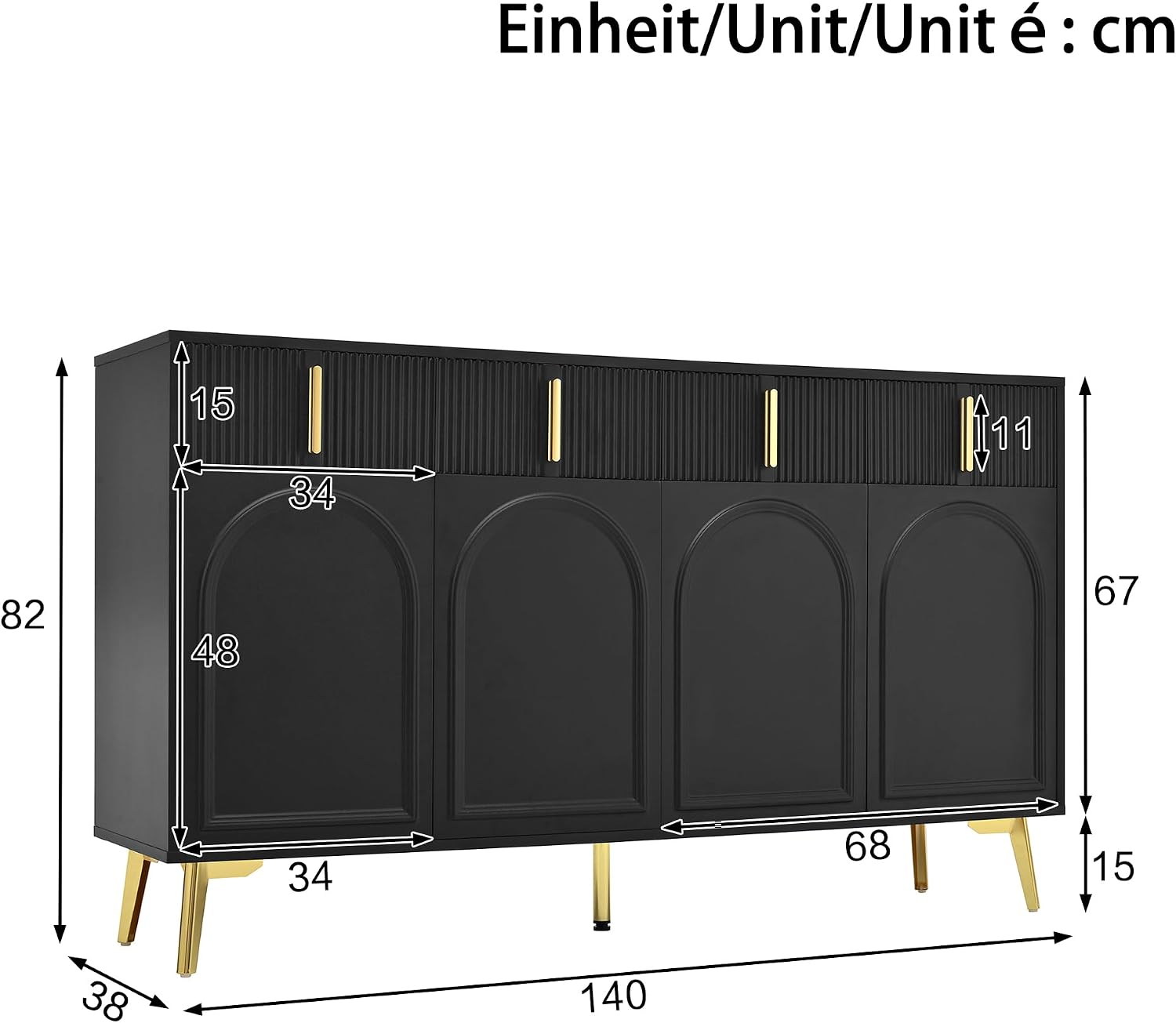 Merax Sideboard 160x38x82 cm, 4 Türen, 4 Schubladen, goldene Griffe & Beine, verstellbare Einlegeböden, herausnehmbares Laminat, Elegantes Wohnzimmer- & Esszimmermöbel, Schwarz — Ansicht 3