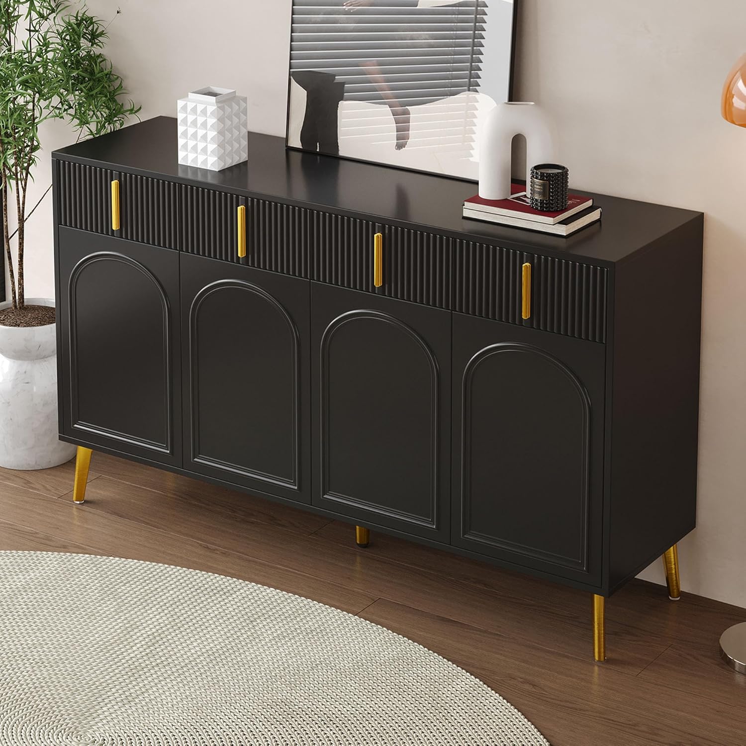 Merax Sideboard 160x38x82 cm, 4 Türen, 4 Schubladen, goldene Griffe & Beine, verstellbare Einlegeböden, herausnehmbares Laminat, Elegantes Wohnzimmer- & Esszimmermöbel, Schwarz — Ansicht 4