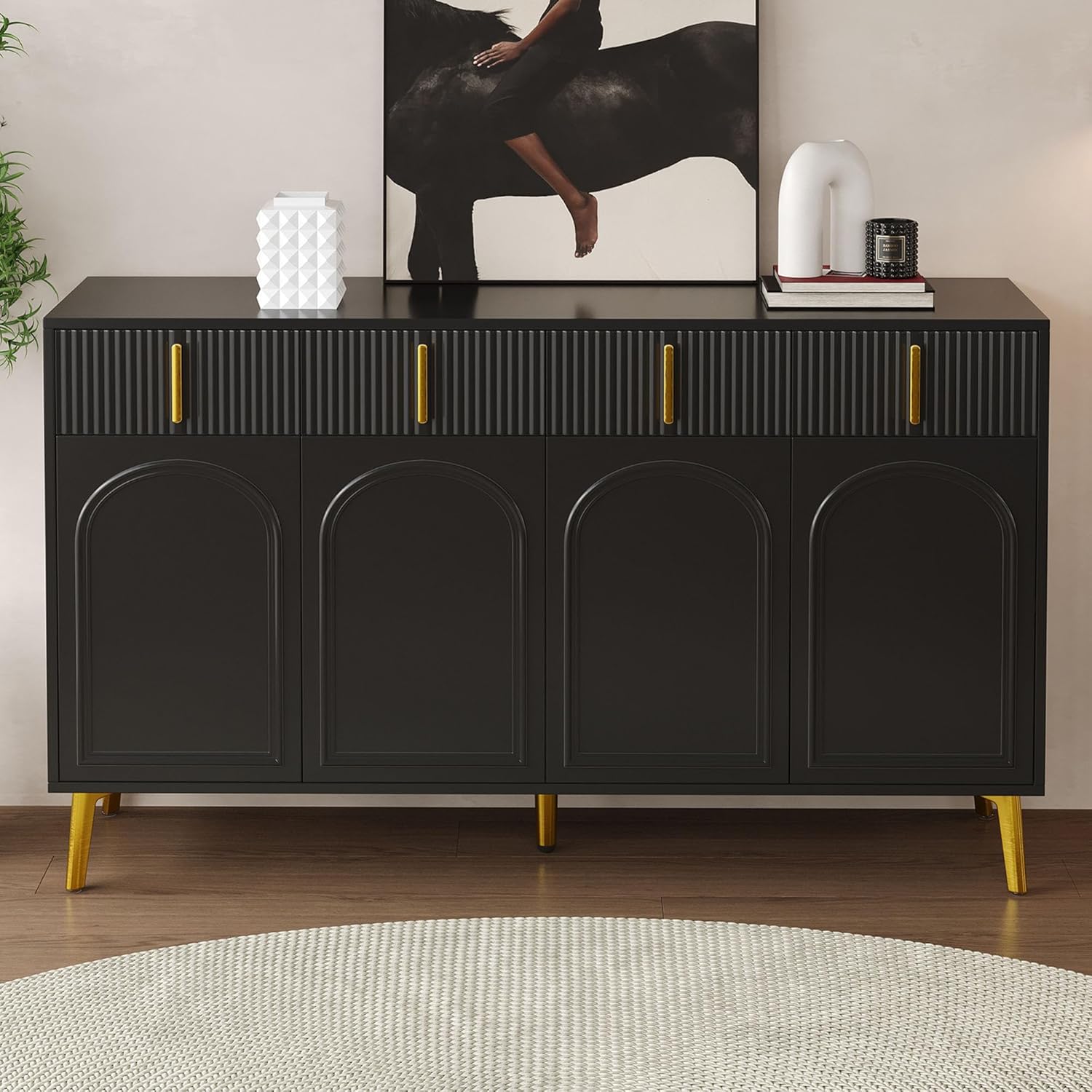 Merax Sideboard 160x38x82 cm, 4 Türen, 4 Schubladen, goldene Griffe & Beine, verstellbare Einlegeböden, herausnehmbares Laminat, Elegantes Wohnzimmer- & Esszimmermöbel, Schwarz — Ansicht 5