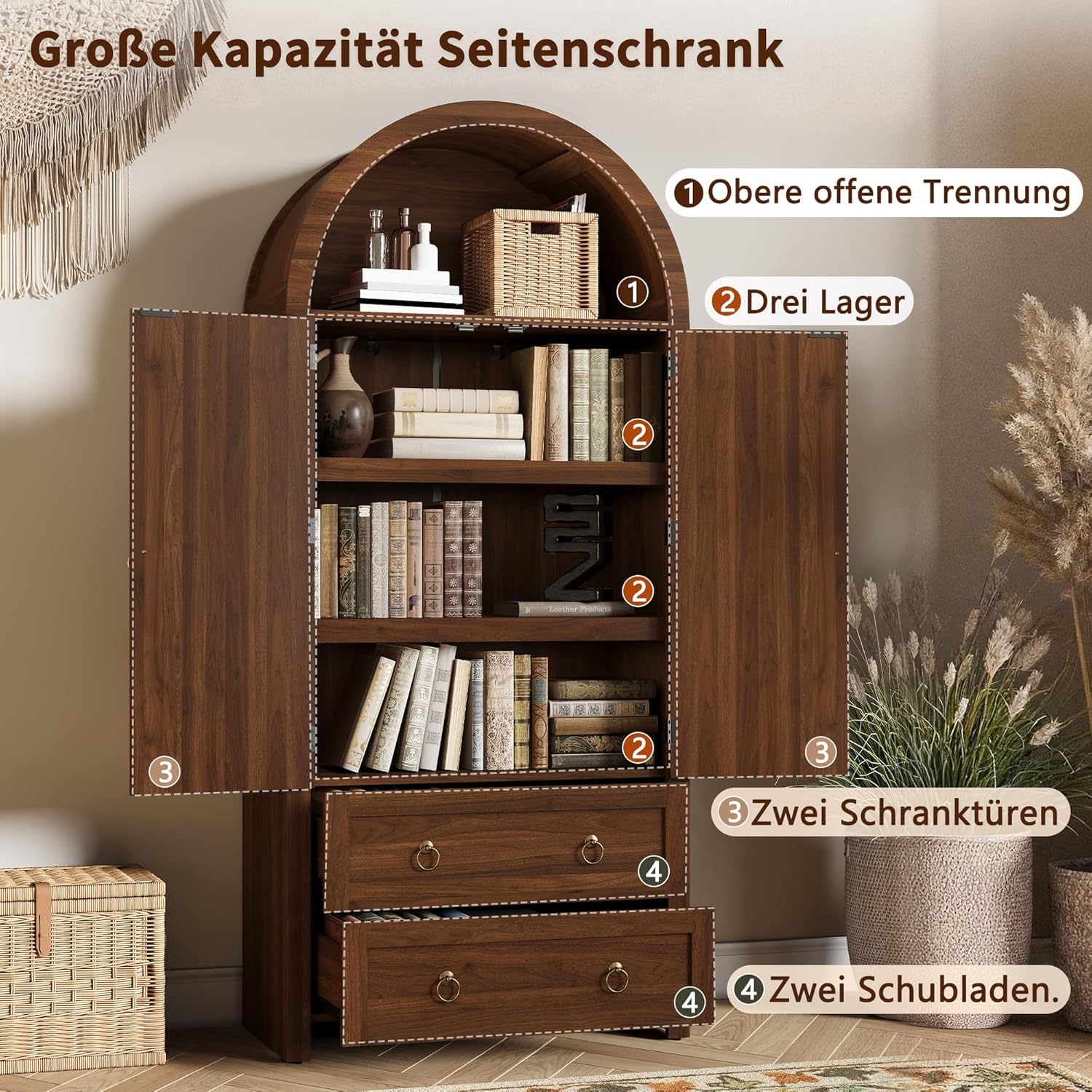 Merax Sideboard 80x40x180 cm, Rattan-Bogenstil Wardrobe mit 2 schubladen, Korbgeflecht-Türen, vielseitiger Aufbewahrungsschrank für Wohn- und Schlafzimmer, dunkle Holzfarbe — Ansicht 3