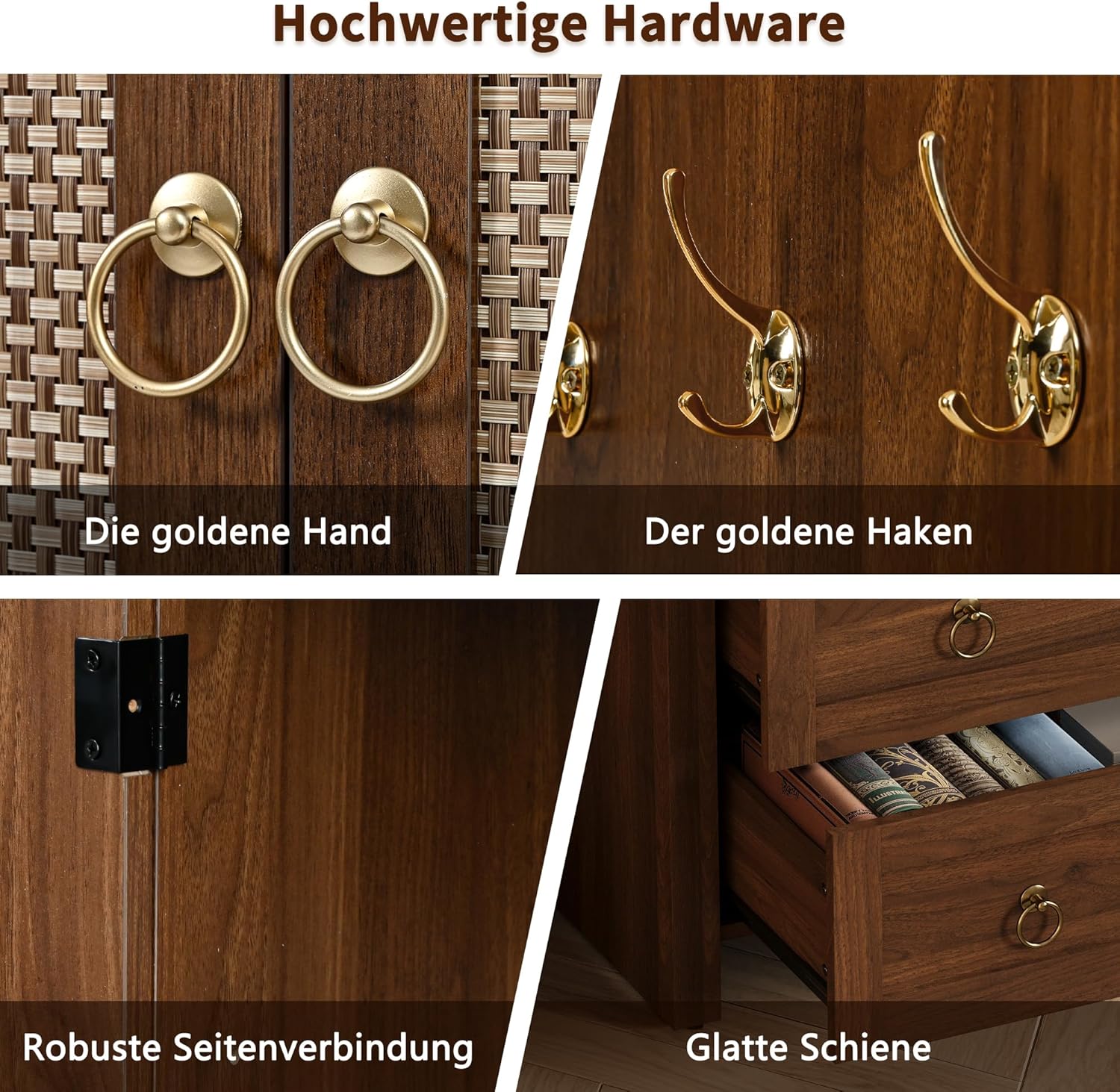 Merax Sideboard 80x40x180 cm, Rattan-Bogenstil Wardrobe mit 2 schubladen, Korbgeflecht-Türen, vielseitiger Aufbewahrungsschrank für Wohn- und Schlafzimmer, dunkle Holzfarbe — Ansicht 5