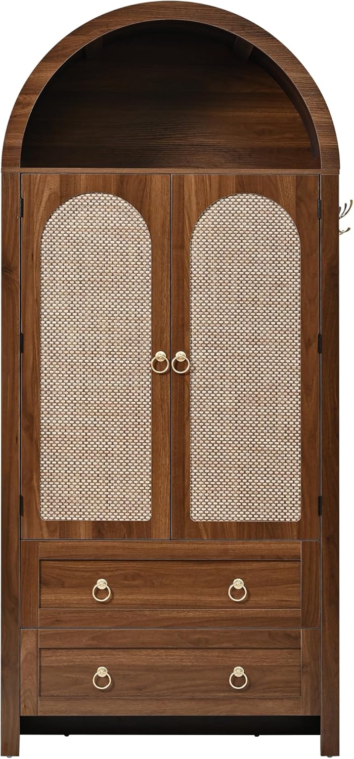 Merax Sideboard 80x40x180 cm, Rattan-Bogenstil Wardrobe mit 2 schubladen, Korbgeflecht-Türen, vielseitiger Aufbewahrungsschrank für Wohn- und Schlafzimmer, dunkle Holzfarbe — Ansicht 6