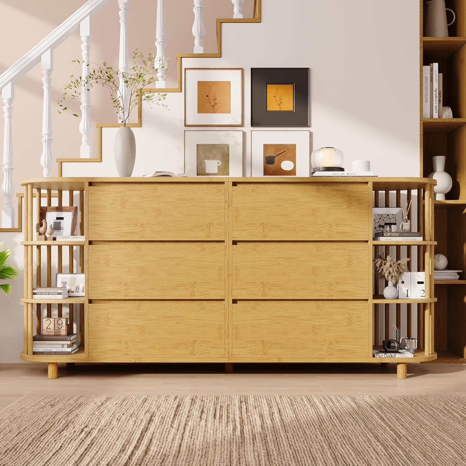 Merax Sideboard Kommode mit 6 Schubladen & offene Regale, Sideboard Holz Küchenschrank Buffet mit Römisches Design mit Säulen & Bambus-Regalen & Höhenverstellbare Füße, Eiche/160x40x75 cm — Ansicht 3