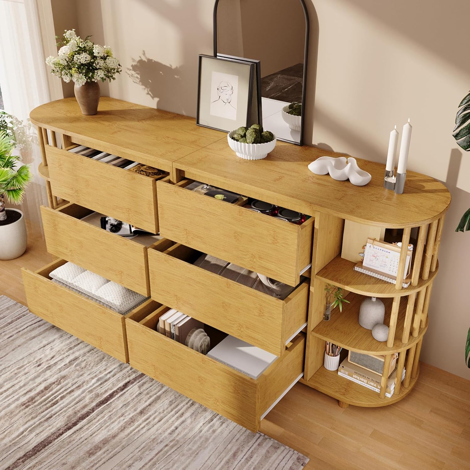 Merax Sideboard Kommode mit 6 Schubladen & offene Regale, Sideboard Holz Küchenschrank Buffet mit Römisches Design mit Säulen & Bambus-Regalen & Höhenverstellbare Füße, Eiche/160x40x75 cm — Ansicht 4