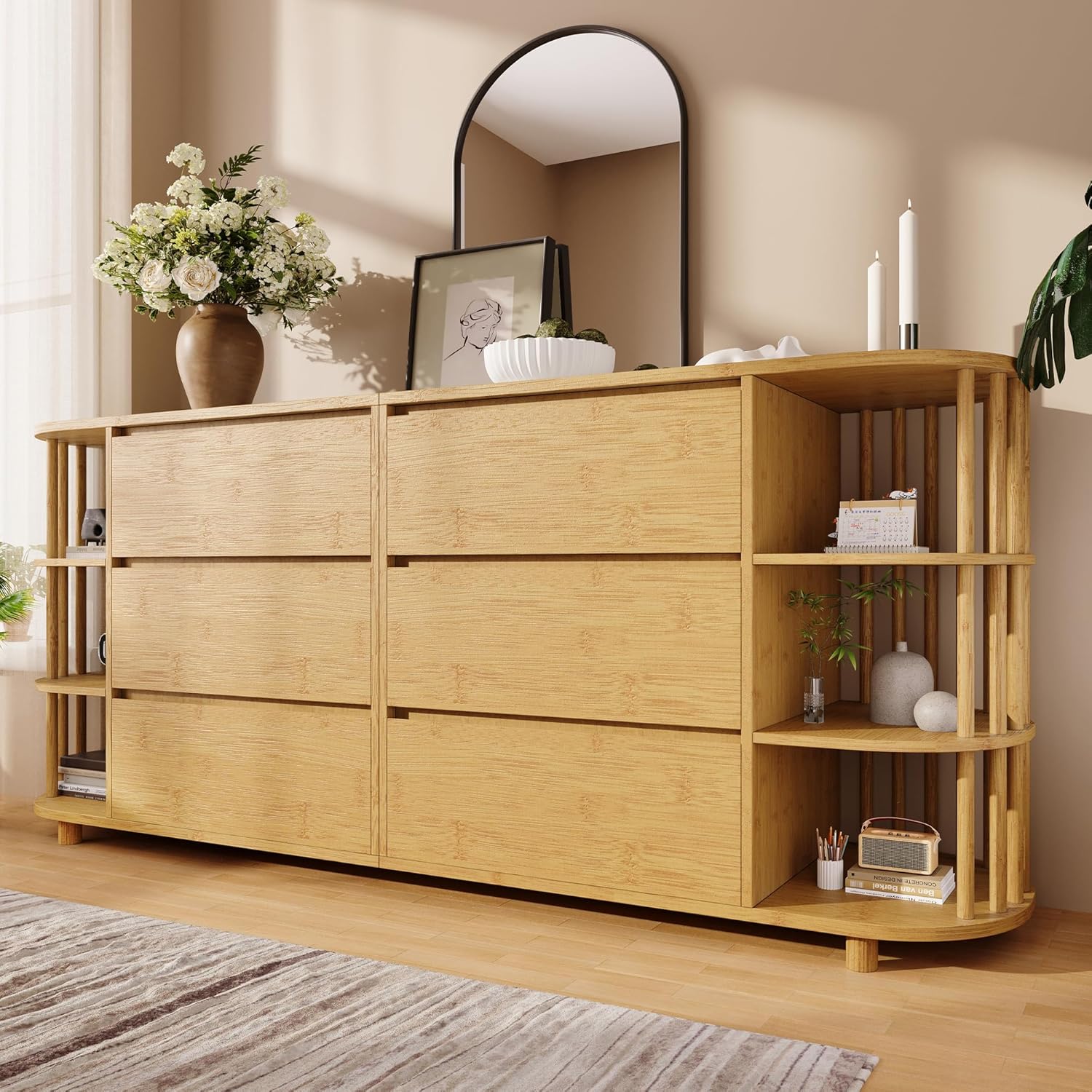 Merax Sideboard Kommode mit 6 Schubladen & offene Regale, Sideboard Holz Küchenschrank Buffet mit Römisches Design mit Säulen & Bambus-Regalen & Höhenverstellbare Füße, Eiche/160x40x75 cm