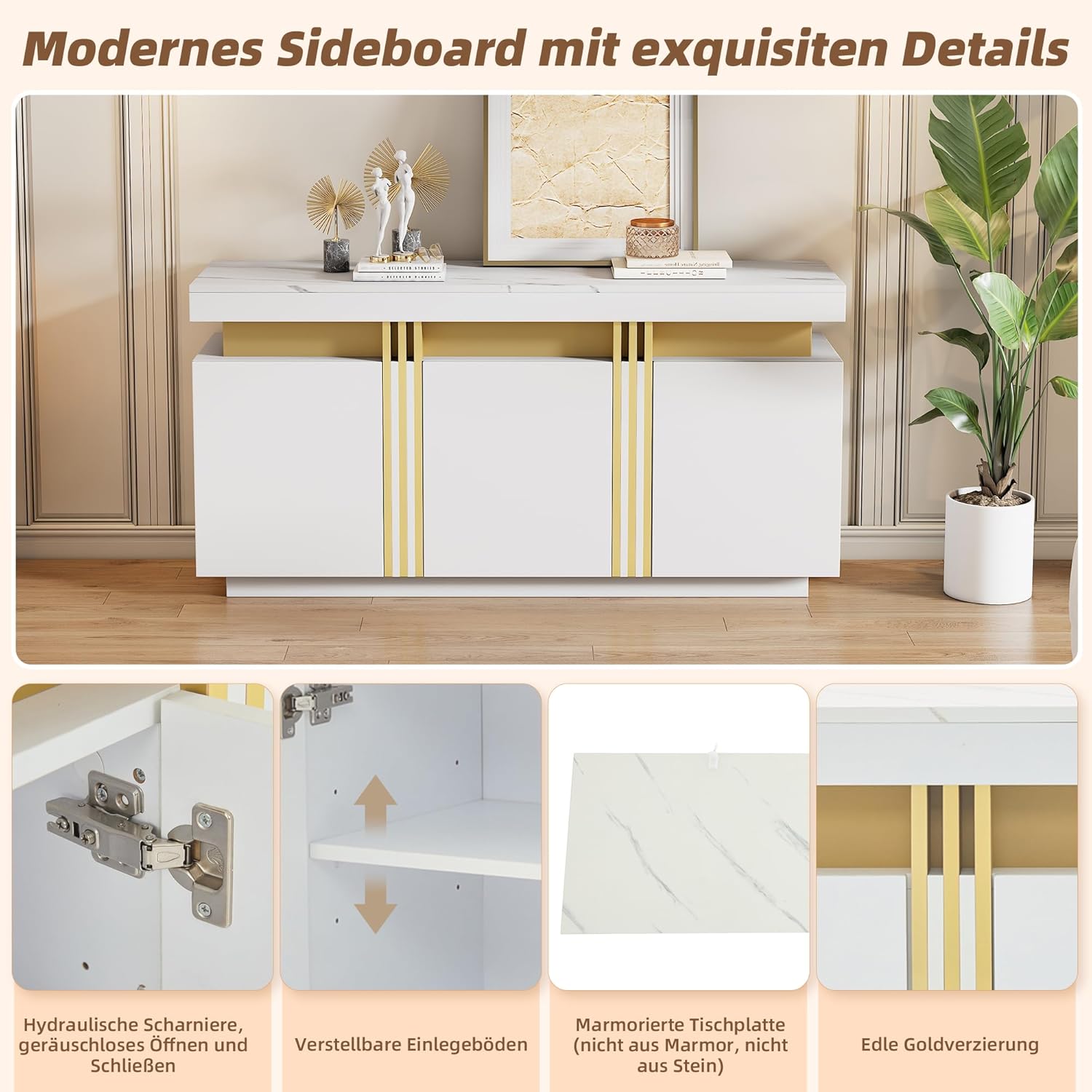 Merax Sideboard, Küchenschrank, Aufbewahrungsschrank mit 3 Türen, Moderne Buffetschrank mit Arbeitsplatte, Verstellbares Regal, Esszimmerschrank für Wohnzimmer, Esszimmer, Flur, Marmoroptik, Weiß — Ansicht 5