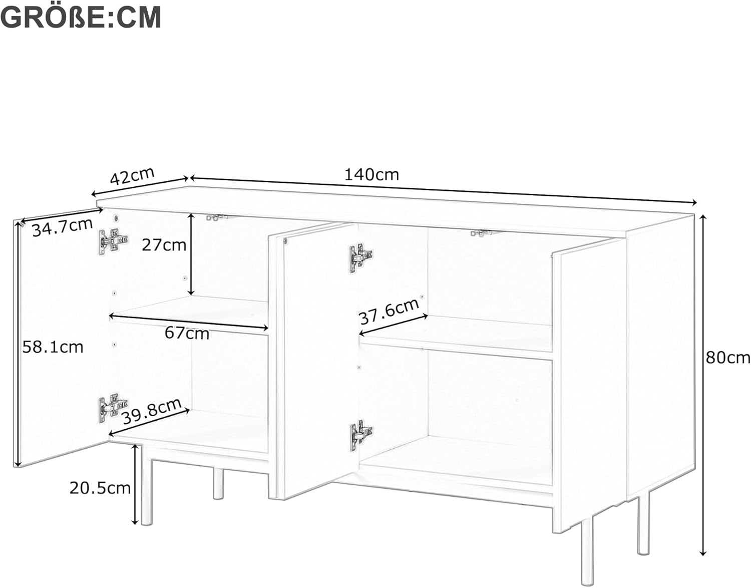 Merax Sideboard Küchenschrank mit Arbeitsplatte, Buffetschrank mit 4 Türen,2 verstellbaren Einlegeböde,Modern minimalistisches Bogenmuster Design, für Esszimmer/Wohnzimmer/Küche/Flur(Weiß/42x140x80CM) — Ansicht 2
