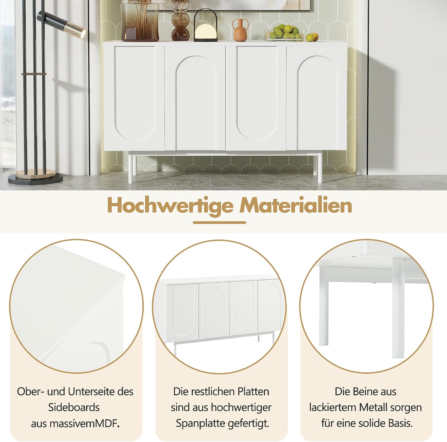 Merax Sideboard Küchenschrank mit Arbeitsplatte, Buffetschrank mit 4 Türen,2 verstellbaren Einlegeböde,Modern minimalistisches Bogenmuster Design, für Esszimmer/Wohnzimmer/Küche/Flur(Weiß/42x140x80CM) — Ansicht 3