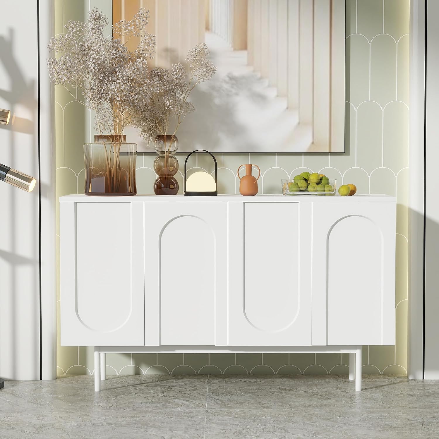 Merax Sideboard Küchenschrank mit Arbeitsplatte, Buffetschrank mit 4 Türen,2 verstellbaren Einlegeböde,Modern minimalistisches Bogenmuster Design, für Esszimmer/Wohnzimmer/Küche/Flur(Weiß/42x140x80CM)