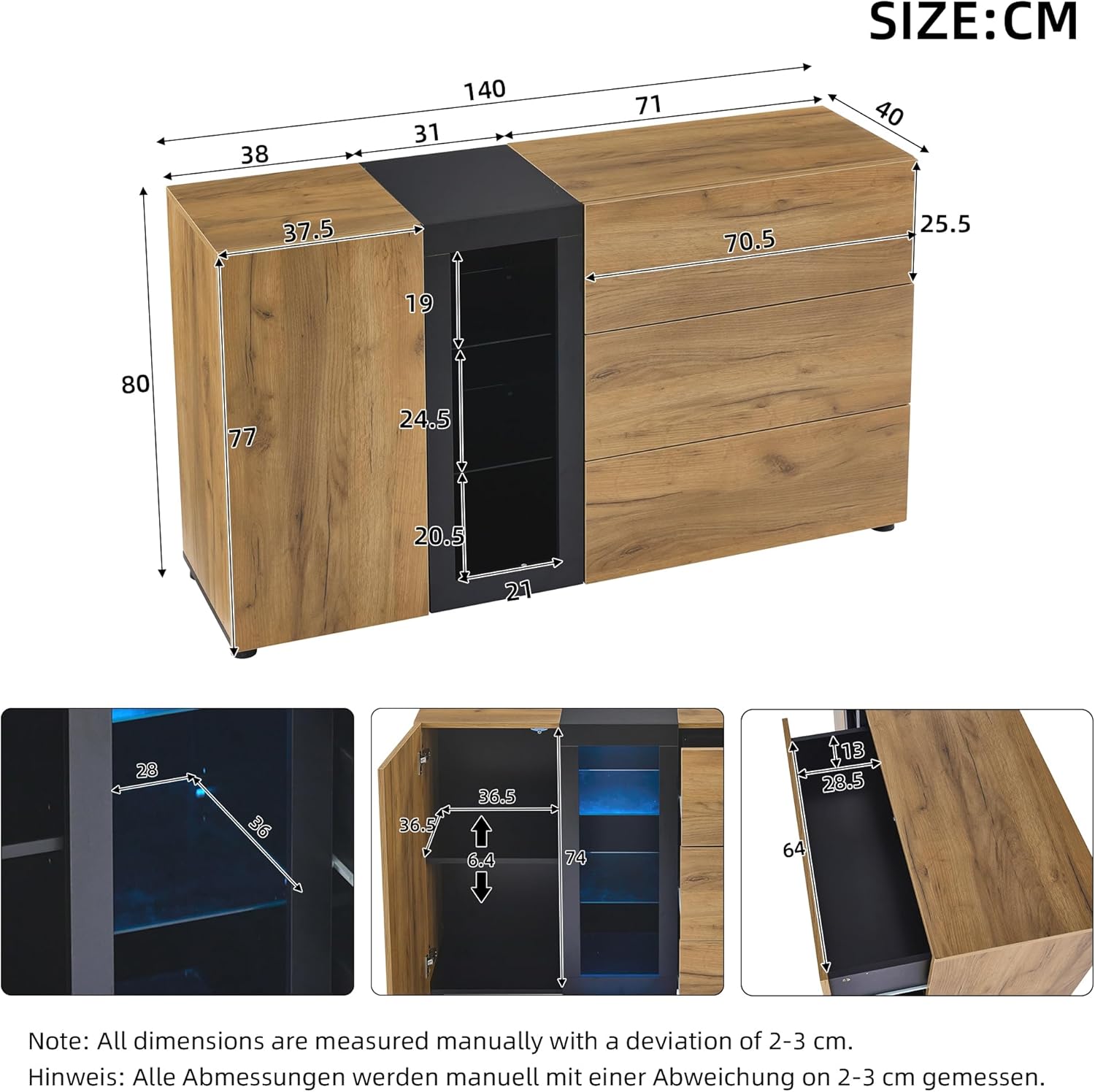 Merax Sideboard mit LED-Vitrine, Modern Buffetschrank Kommode mit 1 Türen, 3 Schubladen, Glasböden, Wohnzimmerschrank, Standschrank, TV-Schrank, Küchenschrank für Wohnzimmer Esszimmer, Braun & Schwarz — Ansicht 2