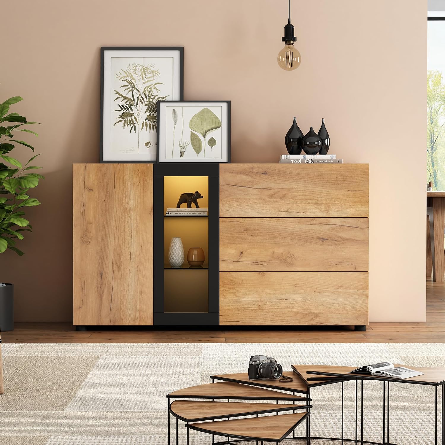 Merax Sideboard mit LED-Vitrine, Modern Buffetschrank Kommode mit 1 Türen, 3 Schubladen, Glasböden, Wohnzimmerschrank, Standschrank, TV-Schrank, Küchenschrank für Wohnzimmer Esszimmer, Braun & Schwarz — Ansicht 4