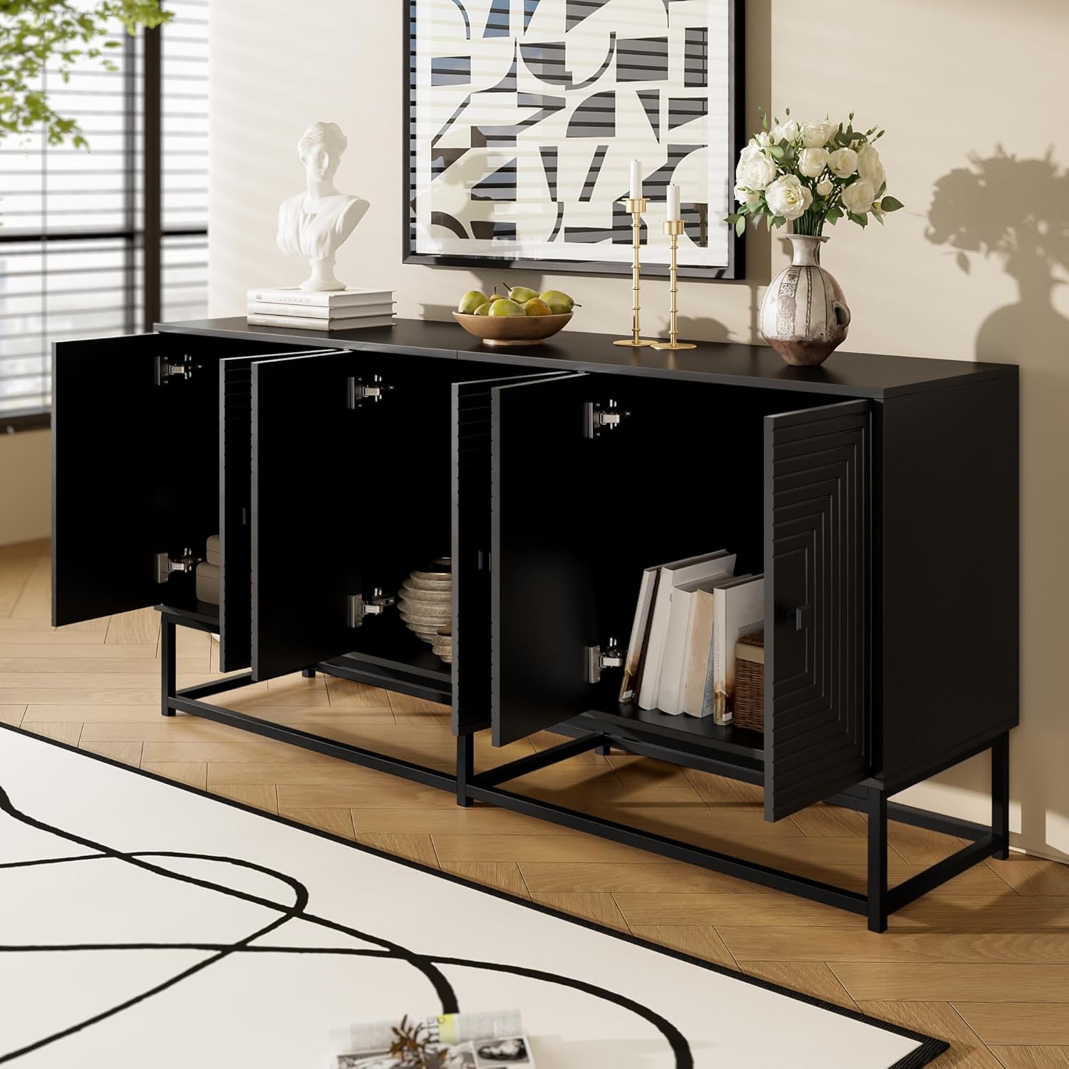 Merax Sideboard Schwarz Matt mit 3 Doppeltüren – Aufbewahrungsschrank mitKratzfester Oberfläche & Metallfüßen – Kommode für Wohnzimmer, Esszimmer, Flur & Büro - 160x38x75,5cm — Ansicht 5