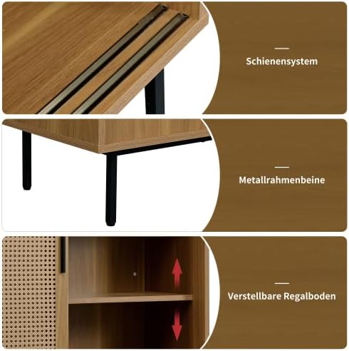 Merax Sideboard – Stabiler Kommodenschrank mit Rattan-Schiebetüren, 50 kg Tragkraft, Walnuss, 100 cm – Praktischer Aufbewahrungsschrank für Wohnzimmer oder Küche — Ansicht 3