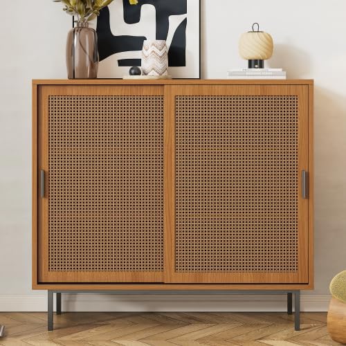 Merax Sideboard – Stabiler Kommodenschrank mit Rattan-Schiebetüren, 50 kg Tragkraft, Walnuss, 100 cm – Praktischer Aufbewahrungsschrank für Wohnzimmer oder Küche — Ansicht 6