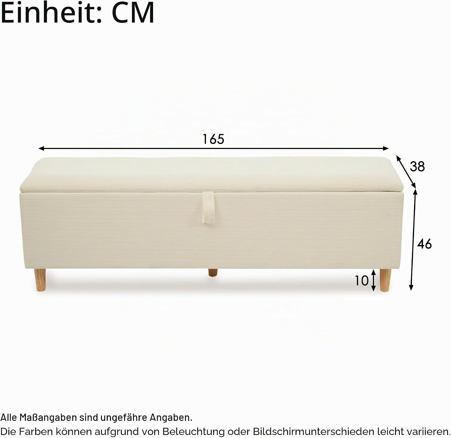 Merax Sitzbank mit Stauraum 165cm, Bettbank Polsterbank Fußbank, Mit Gasdruckfeder hochklappen, Aufbewahrungsbox mit stabilen Holzbeinen, Sofabank fur Flur, Schlafzimmer, Wohnzimmer, Cord-Optik, Beige — Ansicht 2