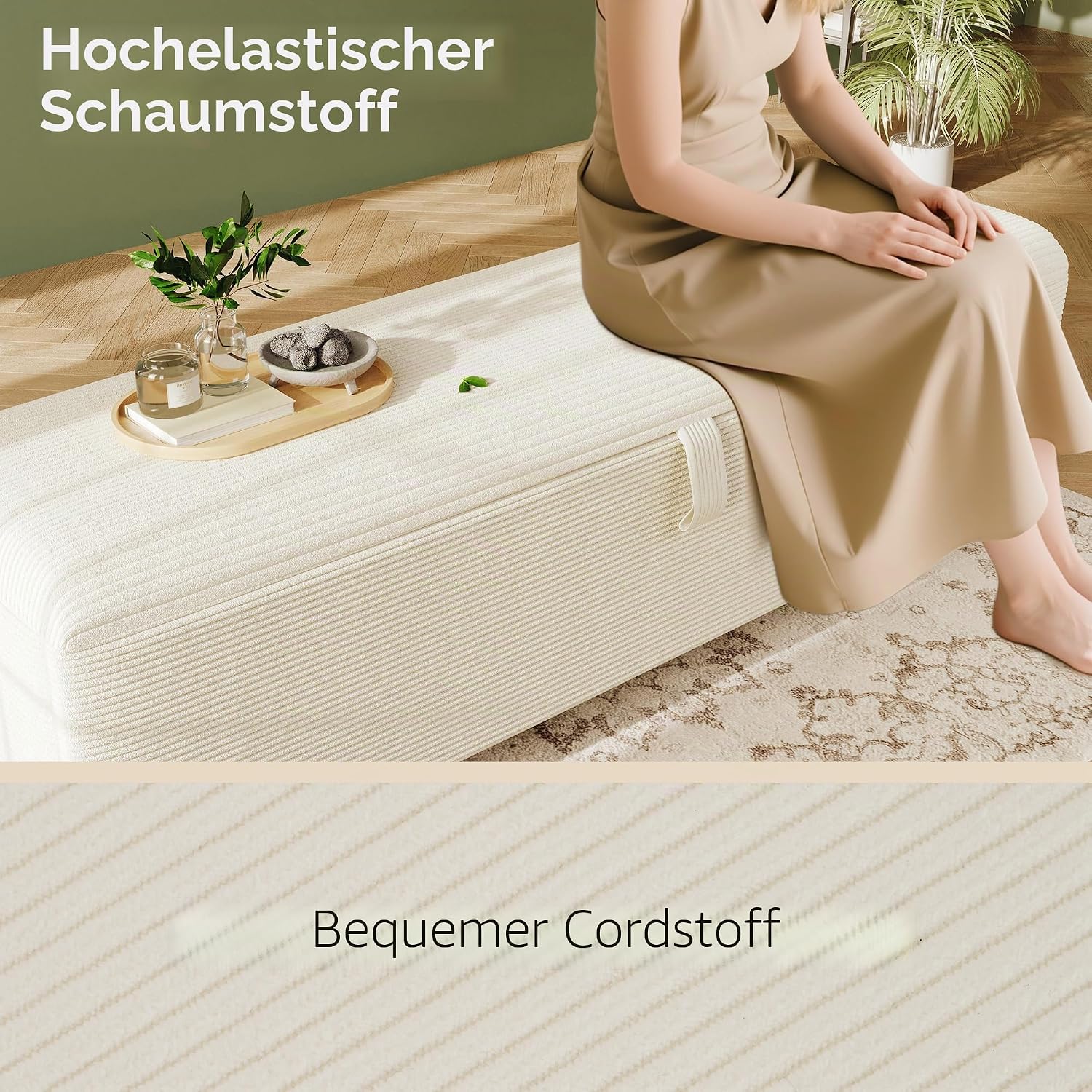 Merax Sitzbank mit Stauraum 165cm, Bettbank Polsterbank Fußbank, Mit Gasdruckfeder hochklappen, Aufbewahrungsbox mit stabilen Holzbeinen, Sofabank fur Flur, Schlafzimmer, Wohnzimmer, Cord-Optik, Beige — Ansicht 5