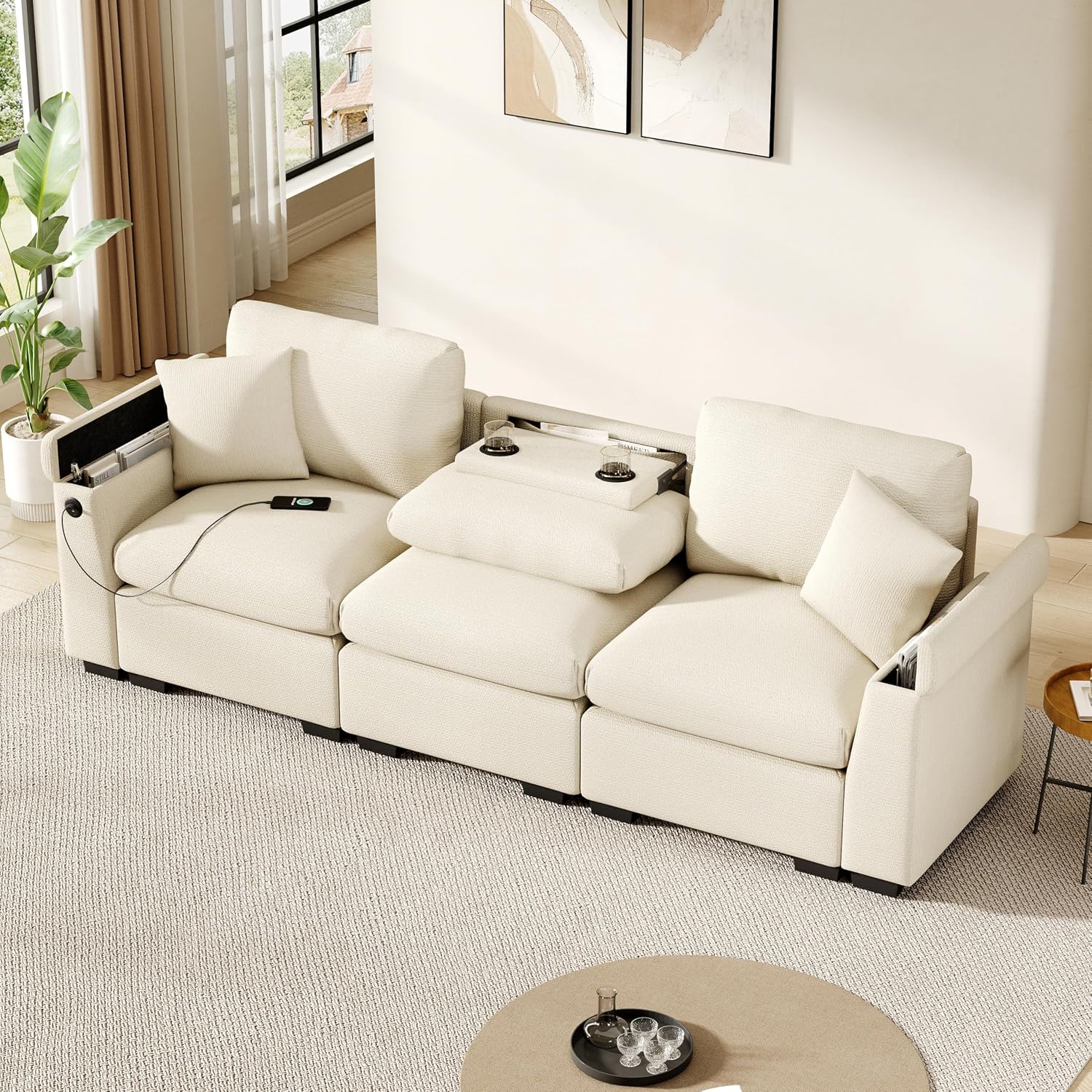 Merax Sofa 3-Sitzer Couch, Multifunktionales Design, mit klappbarer Rückenlehne und Getränkehalter, verstecktem Stauraum, USB-Anschluss, aus Chenille, für Wohnzimmer/Büros/Heimkinos, Beige — Ansicht 2