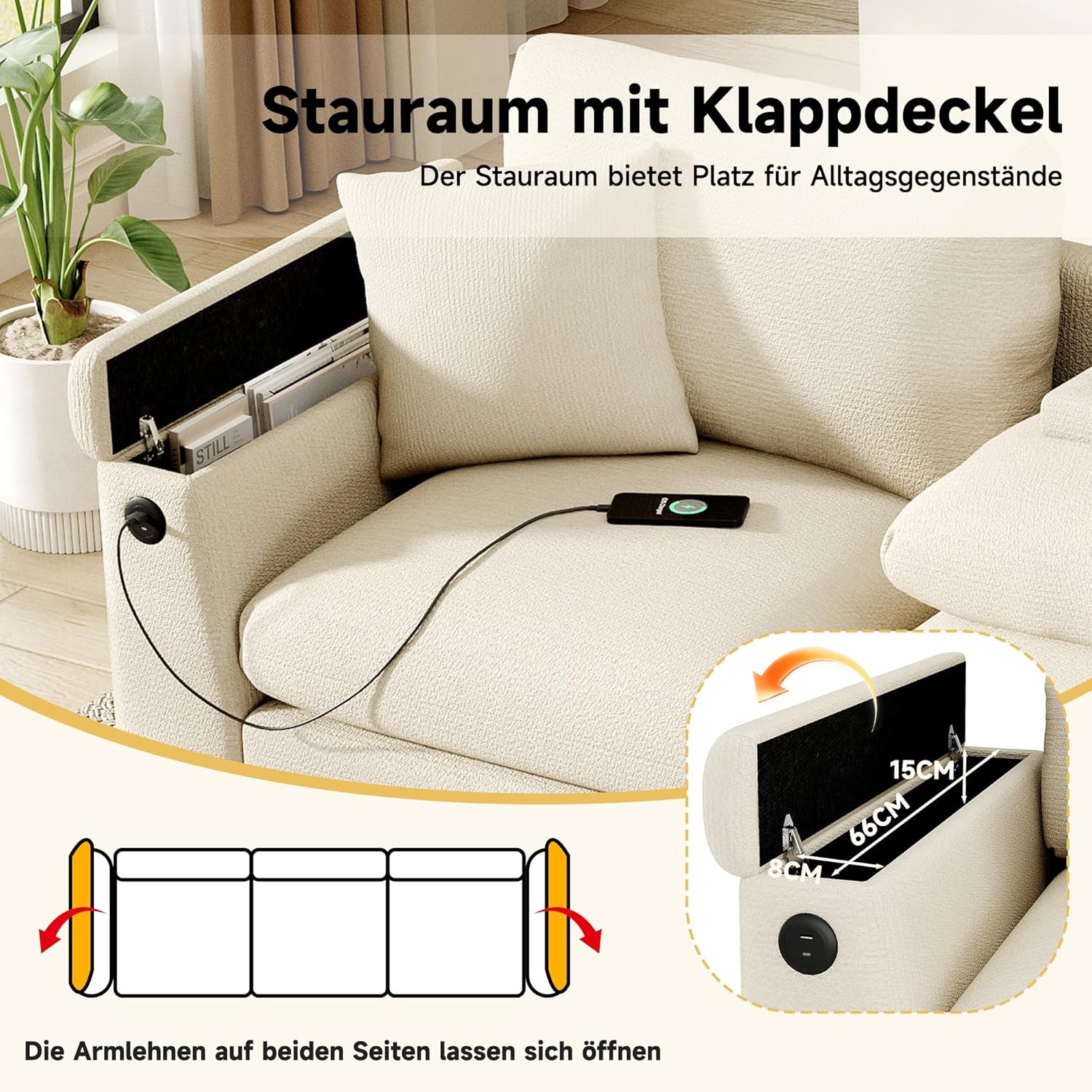 Merax Sofa 3-Sitzer Couch, Multifunktionales Design, mit klappbarer Rückenlehne und Getränkehalter, verstecktem Stauraum, USB-Anschluss, aus Chenille, für Wohnzimmer/Büros/Heimkinos, Beige — Ansicht 4