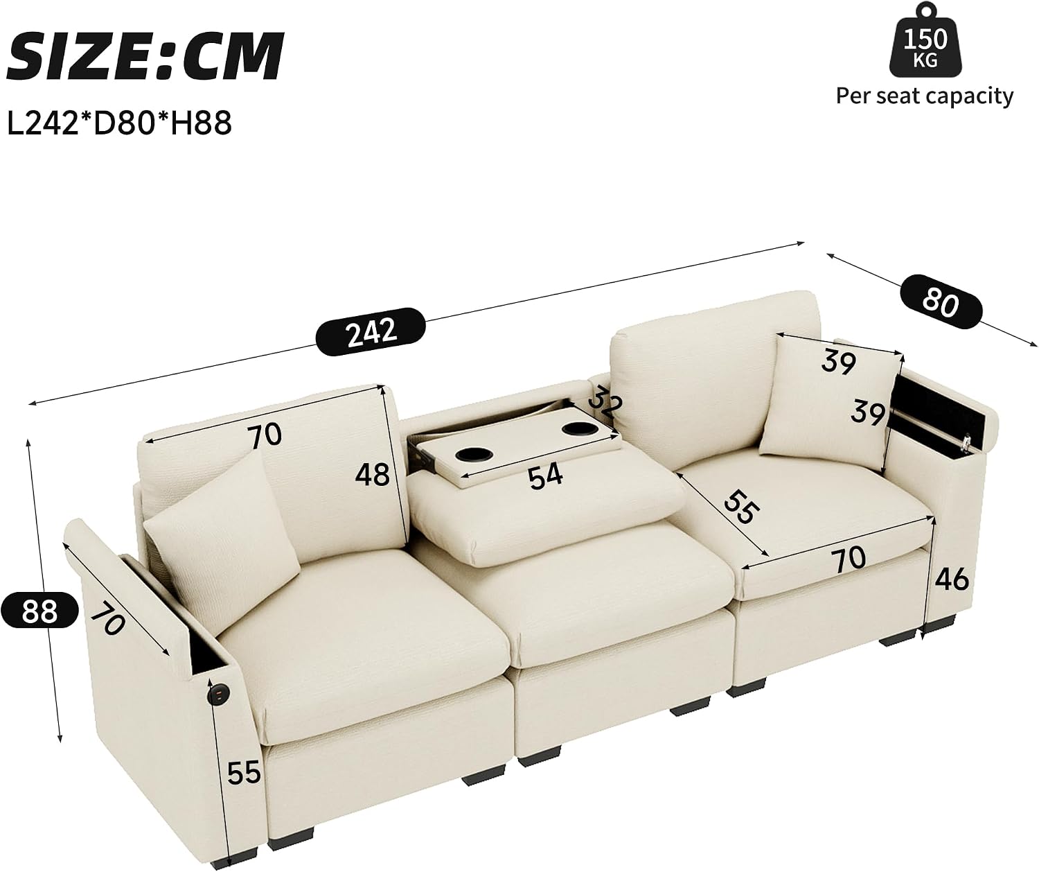 Merax Sofa 3-Sitzer Couch, Multifunktionales Design, mit klappbarer Rückenlehne und Getränkehalter, verstecktem Stauraum, USB-Anschluss, aus Chenille, für Wohnzimmer/Büros/Heimkinos, Beige