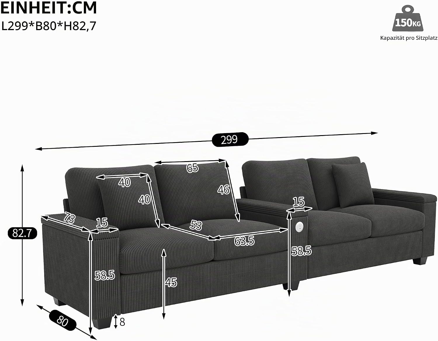 Merax Sofa 4 Sitzer Modern Couch mit klappbarer Mittelarmlehne, verstecktem Stauraum und USB/USB-C Ladefunktion, Cordstoff, für Wohnzimmer/Schlafzimmer/Gästezimmer, Grau — Ansicht 2