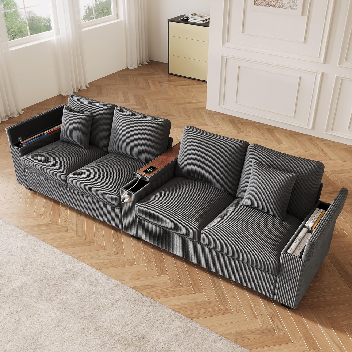 Merax Sofa 4 Sitzer Modern Couch mit klappbarer Mittelarmlehne, verstecktem Stauraum und USB/USB-C Ladefunktion, Cordstoff, für Wohnzimmer/Schlafzimmer/Gästezimmer, Grau